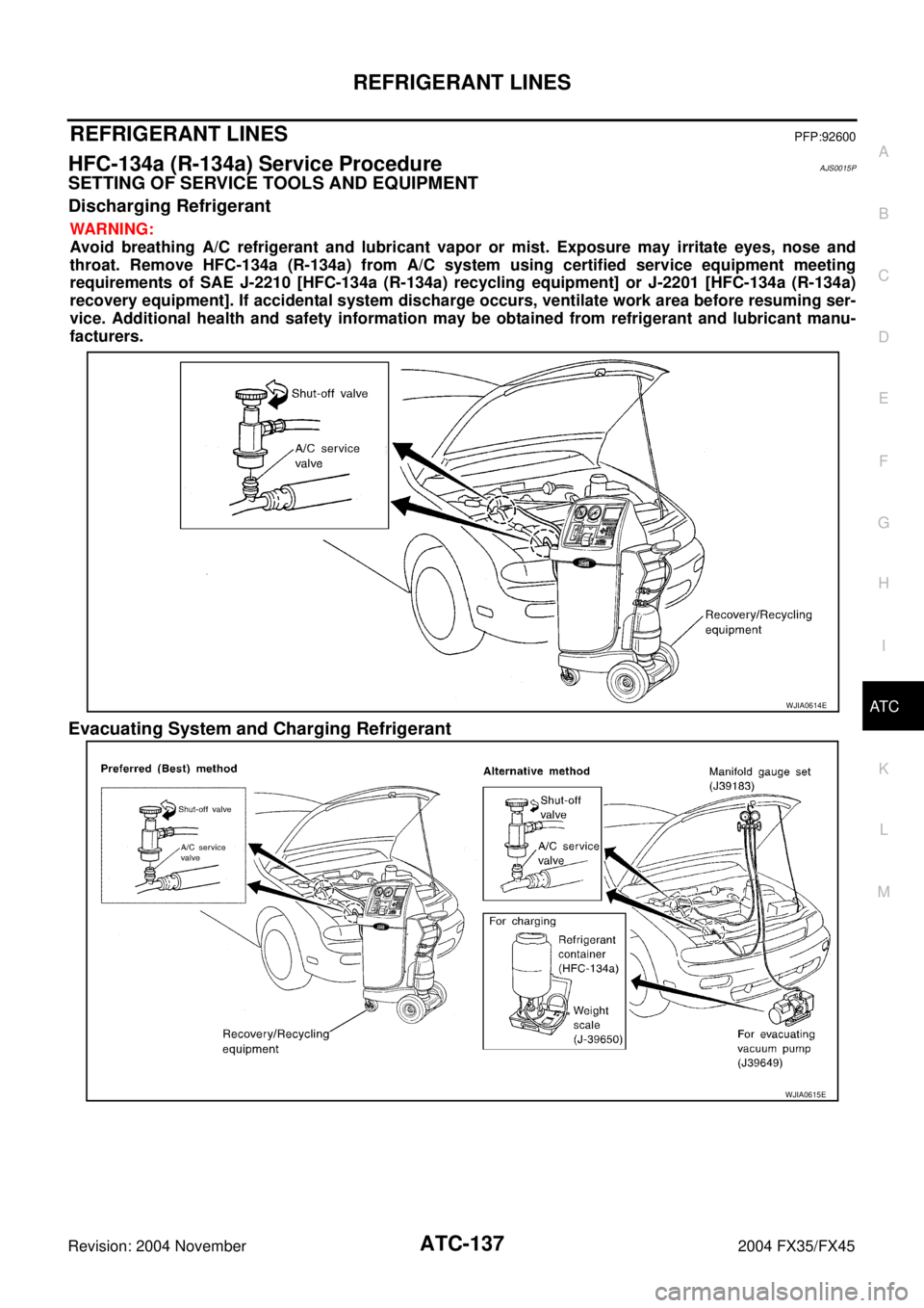 INFINITI FX35 2004  Service Manual REFRIGERANT LINES
ATC-137
C
D
E
F
G
H
I
K
L
MA
B
AT C
Revision: 2004 November 2004 FX35/FX45
REFRIGERANT LINESPFP:92600
HFC-134a (R-134a) Service ProcedureAJS0015P
SETTING OF SERVICE TOOLS AND EQUIPME