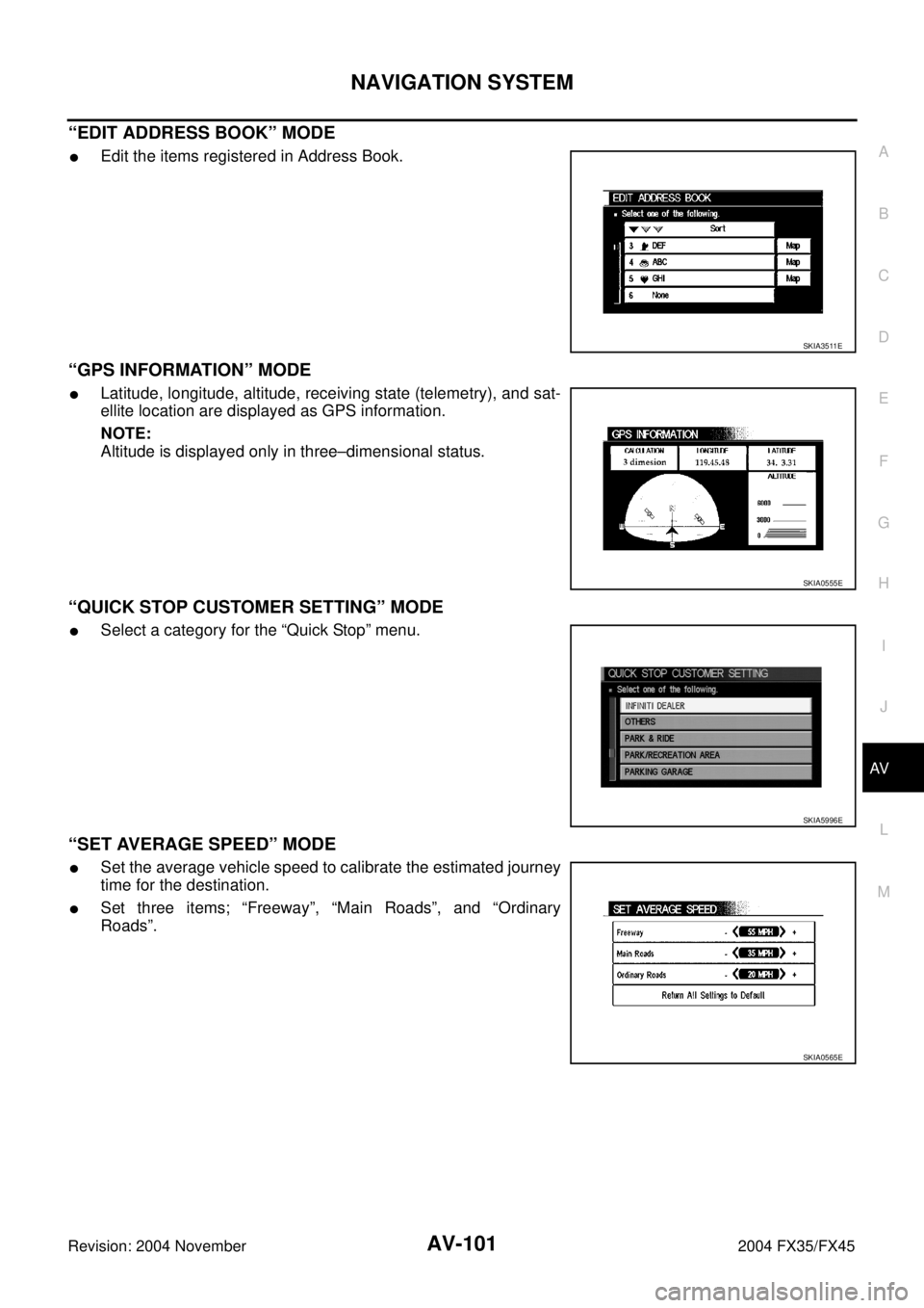 INFINITI FX35 2004  Service Manual NAVIGATION SYSTEM
AV-101
C
D
E
F
G
H
I
J
L
MA
B
AV
Revision: 2004 November 2004 FX35/FX45
“EDIT ADDRESS BOOK” MODE
Edit the items registered in Address Book.
“GPS INFORMATION” MODE
Latitude,