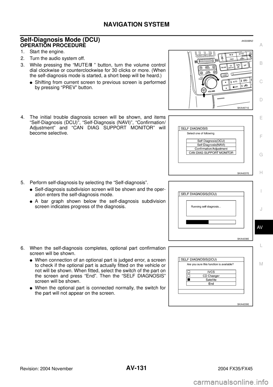 INFINITI FX35 2004  Service Manual NAVIGATION SYSTEM
AV-131
C
D
E
F
G
H
I
J
L
MA
B
AV
Revision: 2004 November 2004 FX35/FX45
Self-Diagnosis Mode (DCU)AKS00BN3
OPERATION PROCEDURE 
1. Start the engine.
2. Turn the audio system off.
3. W