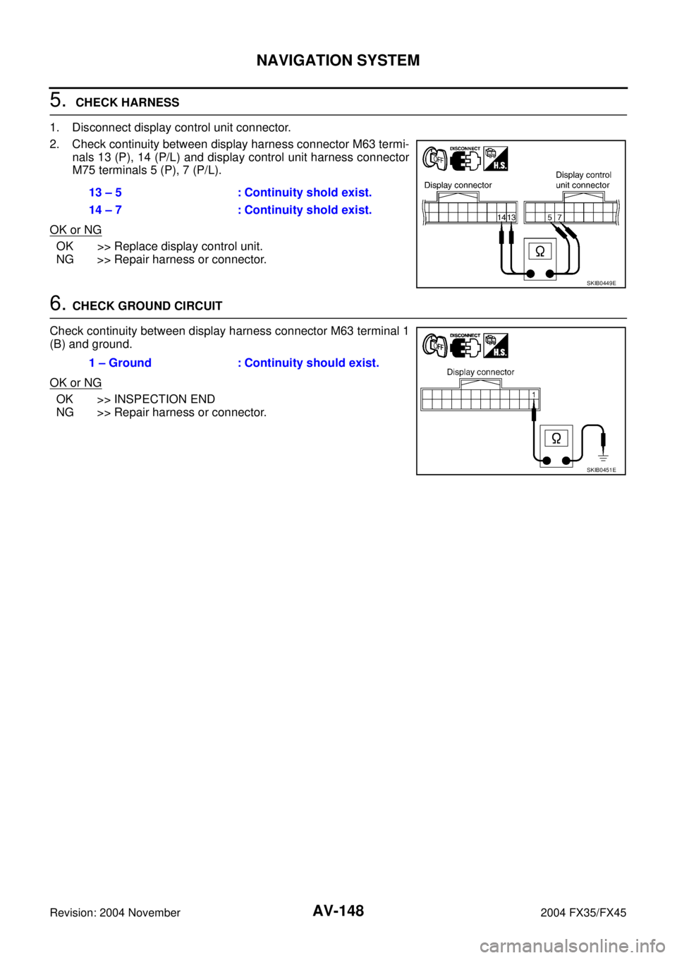 INFINITI FX35 2004  Service Manual AV-148
NAVIGATION SYSTEM
Revision: 2004 November 2004 FX35/FX45
5.  CHECK HARNESS
1. Disconnect display control unit connector.
2. Check continuity between display harness connector M63 termi-
nals 13