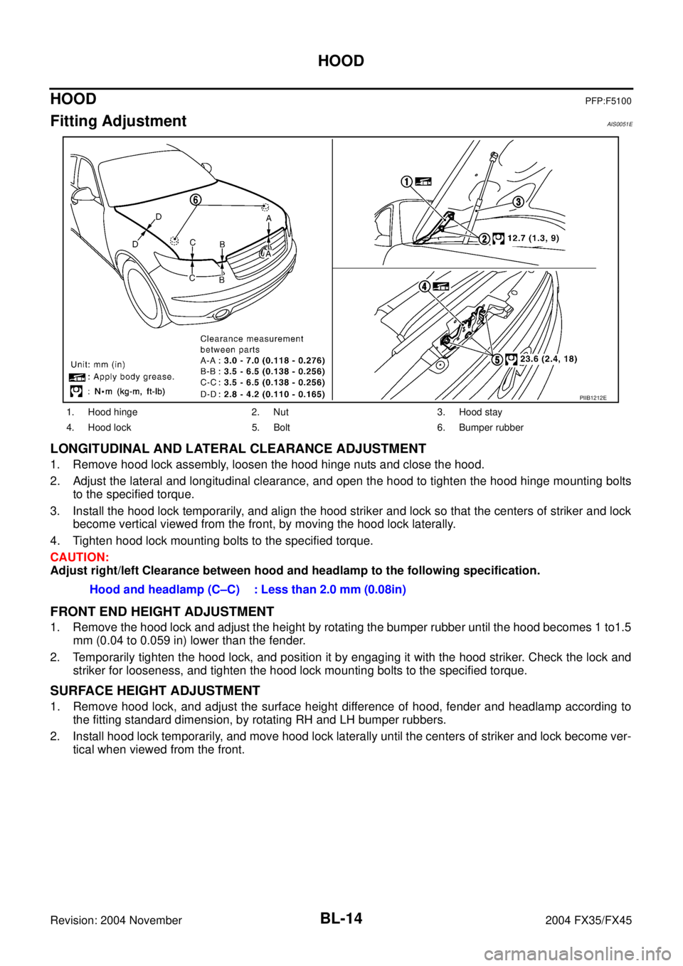 INFINITI FX35 2004 Service Manual BL-14
HOOD
Revision: 2004 November 2004 FX35/FX45
HOODPFP:F5100
Fitting AdjustmentAIS0051E
LONGITUDINAL AND LATERAL CLEARANCE ADJUSTMENT
1. Remove hood lock assembly, loosen the hood hinge nuts and cl INFINITI FX35 2004 Service Manual BL-14
HOOD
Revision: 2004 November 2004 FX35/FX45
HOODPFP:F5100
Fitting AdjustmentAIS0051E
LONGITUDINAL AND LATERAL CLEARANCE ADJUSTMENT
1. Remove hood lock assembly, loosen the hood hinge nuts and cl