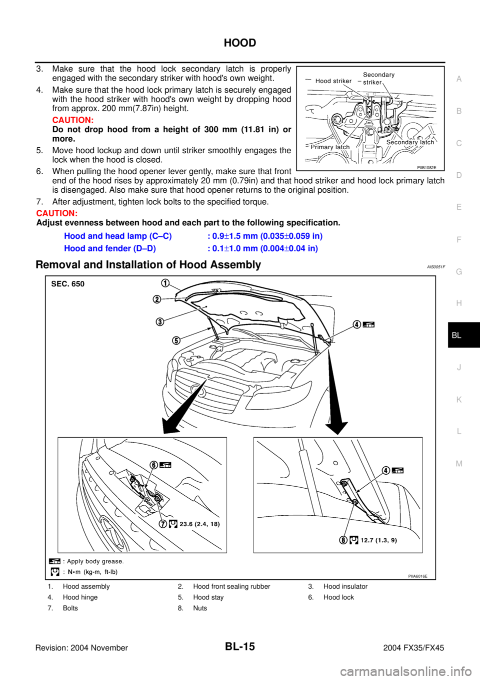 INFINITI FX35 2004 Service Manual HOOD
BL-15
C
D
E
F
G
H
J
K
L
MA
B
BL
Revision: 2004 November 2004 FX35/FX45
3. Make sure that the hood lock secondary latch is properly
engaged with the secondary striker with hoods own weight.
4. Ma INFINITI FX35 2004 Service Manual HOOD
BL-15
C
D
E
F
G
H
J
K
L
MA
B
BL
Revision: 2004 November 2004 FX35/FX45
3. Make sure that the hood lock secondary latch is properly
engaged with the secondary striker with hoods own weight.
4. Ma