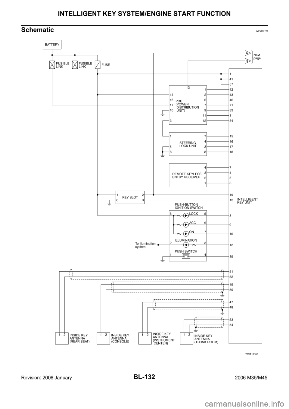 INFINITI M35 2006  Factory Service Manual BL-132
INTELLIGENT KEY SYSTEM/ENGINE START FUNCTION
Revision: 2006 January2006 M35/M45
SchematicNIS001YC
TIWT1310E 