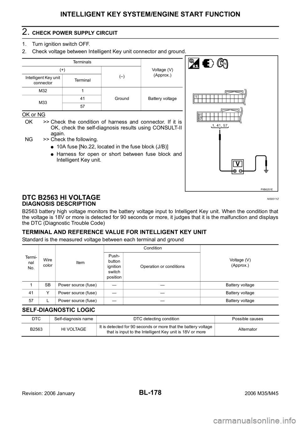 INFINITI M35 2006 Factory Service Manual BL-178
INTELLIGENT KEY SYSTEM/ENGINE START FUNCTION
Revision: 2006 January2006 M35/M45
2. CHECK POWER SUPPLY CIRCUIT
1. Turn ignition switch OFF.
2. Check voltage between Intelligent Key unit connecto INFINITI M35 2006 Factory Service Manual BL-178
INTELLIGENT KEY SYSTEM/ENGINE START FUNCTION
Revision: 2006 January2006 M35/M45
2. CHECK POWER SUPPLY CIRCUIT
1. Turn ignition switch OFF.
2. Check voltage between Intelligent Key unit connecto