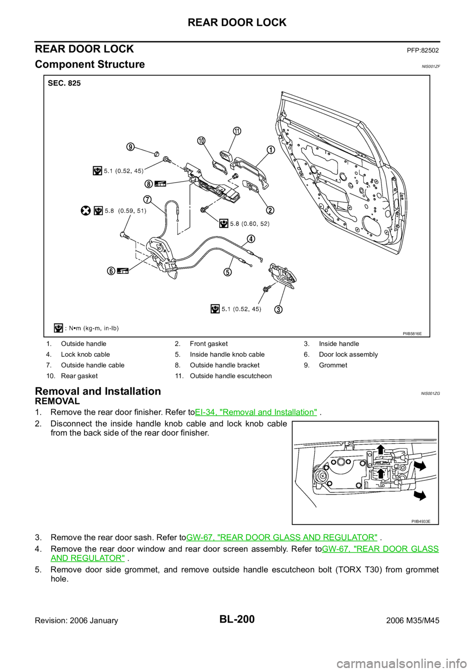 INFINITI M35 2006  Factory Service Manual BL-200
REAR DOOR LOCK
Revision: 2006 January2006 M35/M45
REAR DOOR LOCKPFP:82502
Component StructureNIS001ZF
Removal and InstallationNIS001ZG
REMOVAL
1. Remove the rear door finisher. Refer toEI-34, &