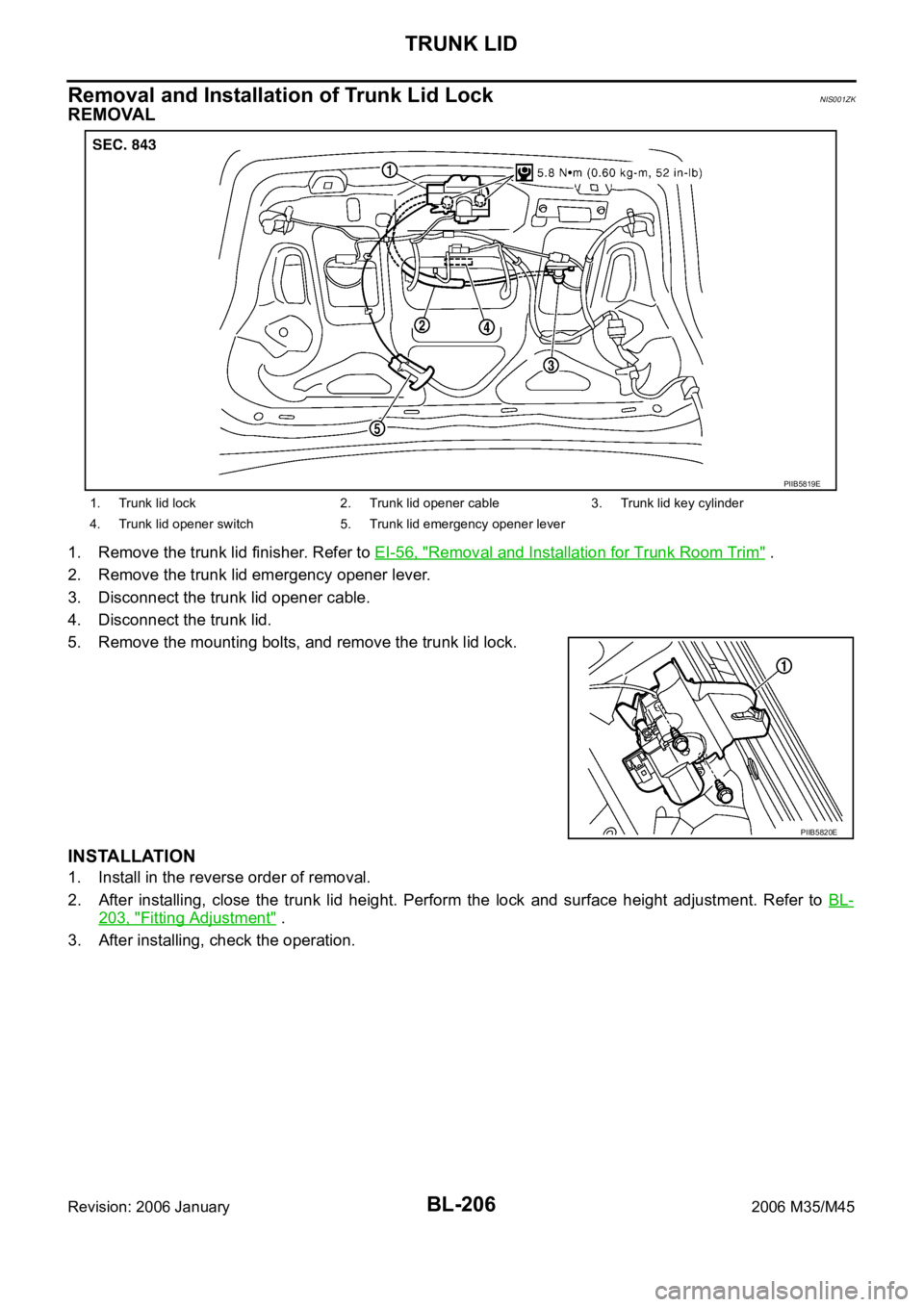 INFINITI M35 2006  Factory Service Manual BL-206
TRUNK LID
Revision: 2006 January2006 M35/M45
Removal and Installation of Trunk Lid LockNIS001ZK
REMOVAL
1. Remove the trunk lid finisher. Refer to EI-56, "Removal and Installation for Trunk