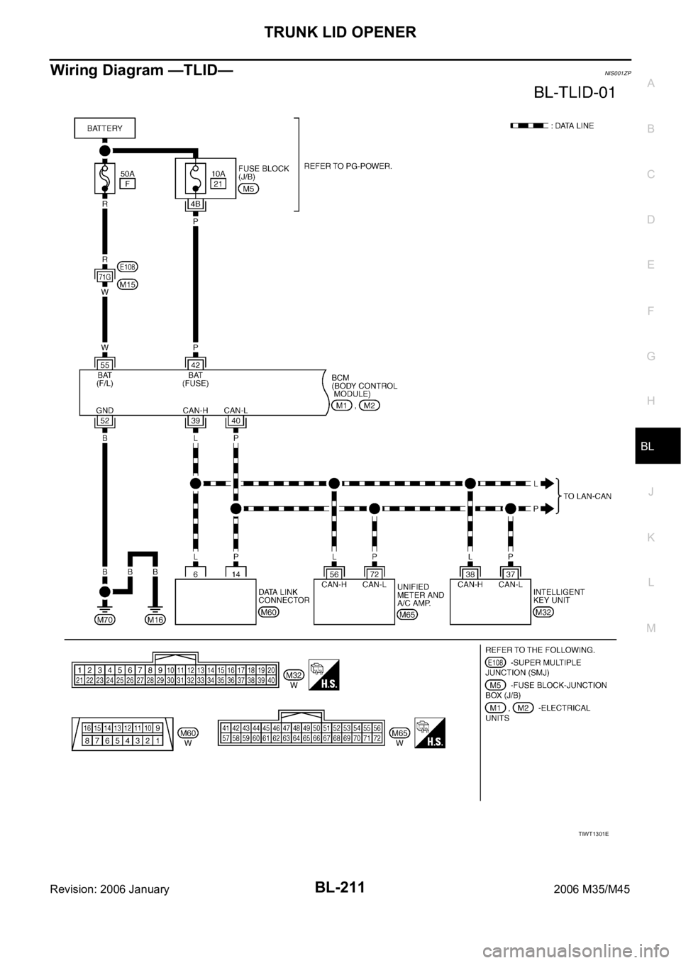 INFINITI M35 2006  Factory Service Manual TRUNK LID OPENER
BL-211
C
D
E
F
G
H
J
K
L
MA
B
BL
Revision: 2006 January2006 M35/M45
Wiring Diagram —TLID—NIS001ZP
TIWT1301E 