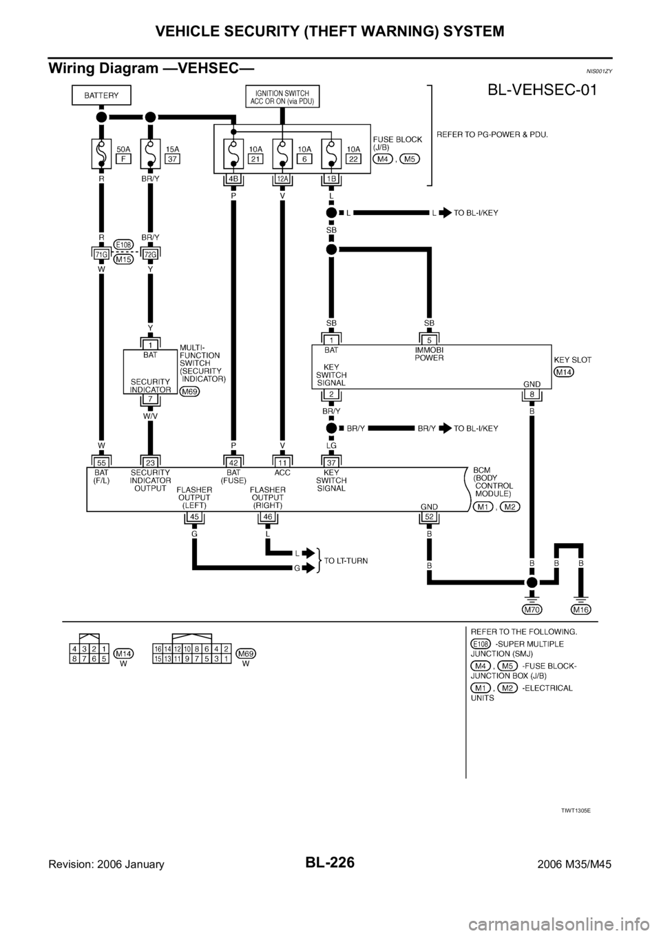 INFINITI M35 2006  Factory Service Manual BL-226
VEHICLE SECURITY (THEFT WARNING) SYSTEM
Revision: 2006 January2006 M35/M45
Wiring Diagram —VEHSEC—NIS001ZY
TIWT1305E 