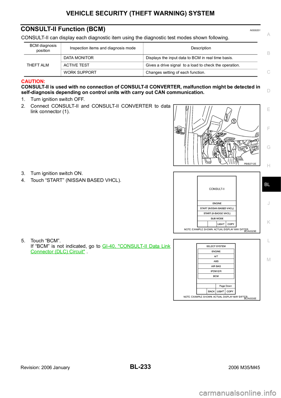 INFINITI M35 2006  Factory Service Manual VEHICLE SECURITY (THEFT WARNING) SYSTEM
BL-233
C
D
E
F
G
H
J
K
L
MA
B
BL
Revision: 2006 January2006 M35/M45
CONSULT-II Function (BCM)NIS00201
CONSULT-II can display each diagnostic item using the diag