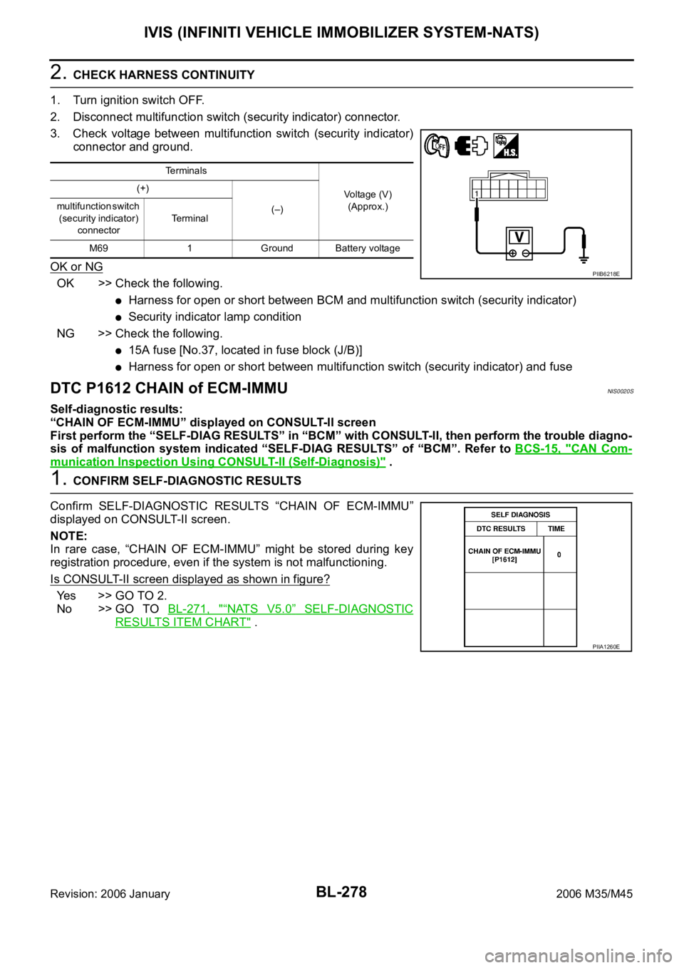 INFINITI M35 2006  Factory Service Manual BL-278
IVIS (INFINITI VEHICLE IMMOBILIZER SYSTEM-NATS)
Revision: 2006 January2006 M35/M45
2. CHECK HARNESS CONTINUITY
1. Turn ignition switch OFF.
2. Disconnect multifunction switch (security indicato