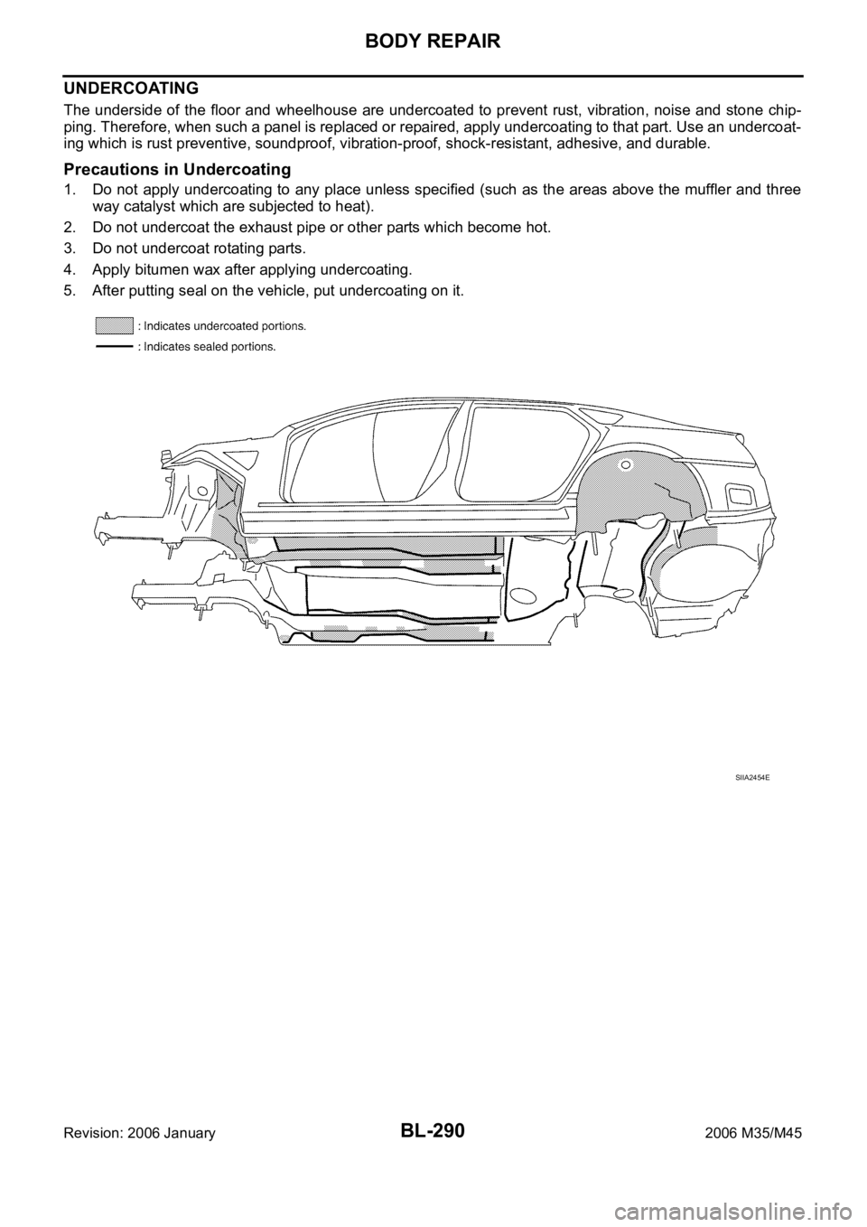 INFINITI M35 2006  Factory Service Manual BL-290
BODY REPAIR
Revision: 2006 January2006 M35/M45
UNDERCOATING
The underside of the floor and  wheelhouse  are undercoated  to prevent  rust,  vibration, noise and  stone  chip-
ping. Therefore, w