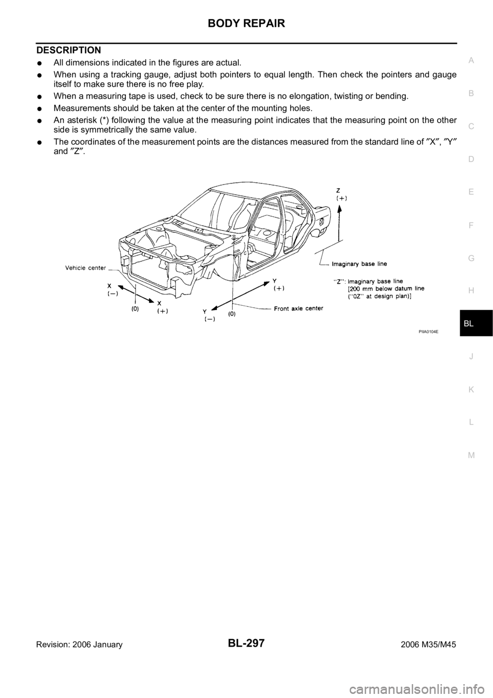 INFINITI M35 2006  Factory Service Manual BODY REPAIR
BL-297
C
D
E
F
G
H
J
K
L
MA
B
BL
Revision: 2006 January2006 M35/M45
DESCRIPTION
All dimensions indicated in the figures are actual.
When  using  a  tracking  gauge,  adjust  both  pointers