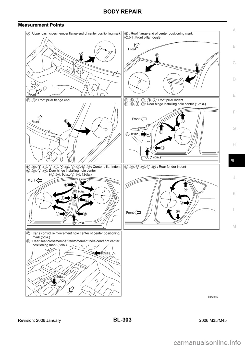 INFINITI M35 2006  Factory Service Manual BODY REPAIR
BL-303
C
D
E
F
G
H
J
K
L
MA
B
BL
Revision: 2006 January2006 M35/M45
Measurement Points
SIIA2466E 