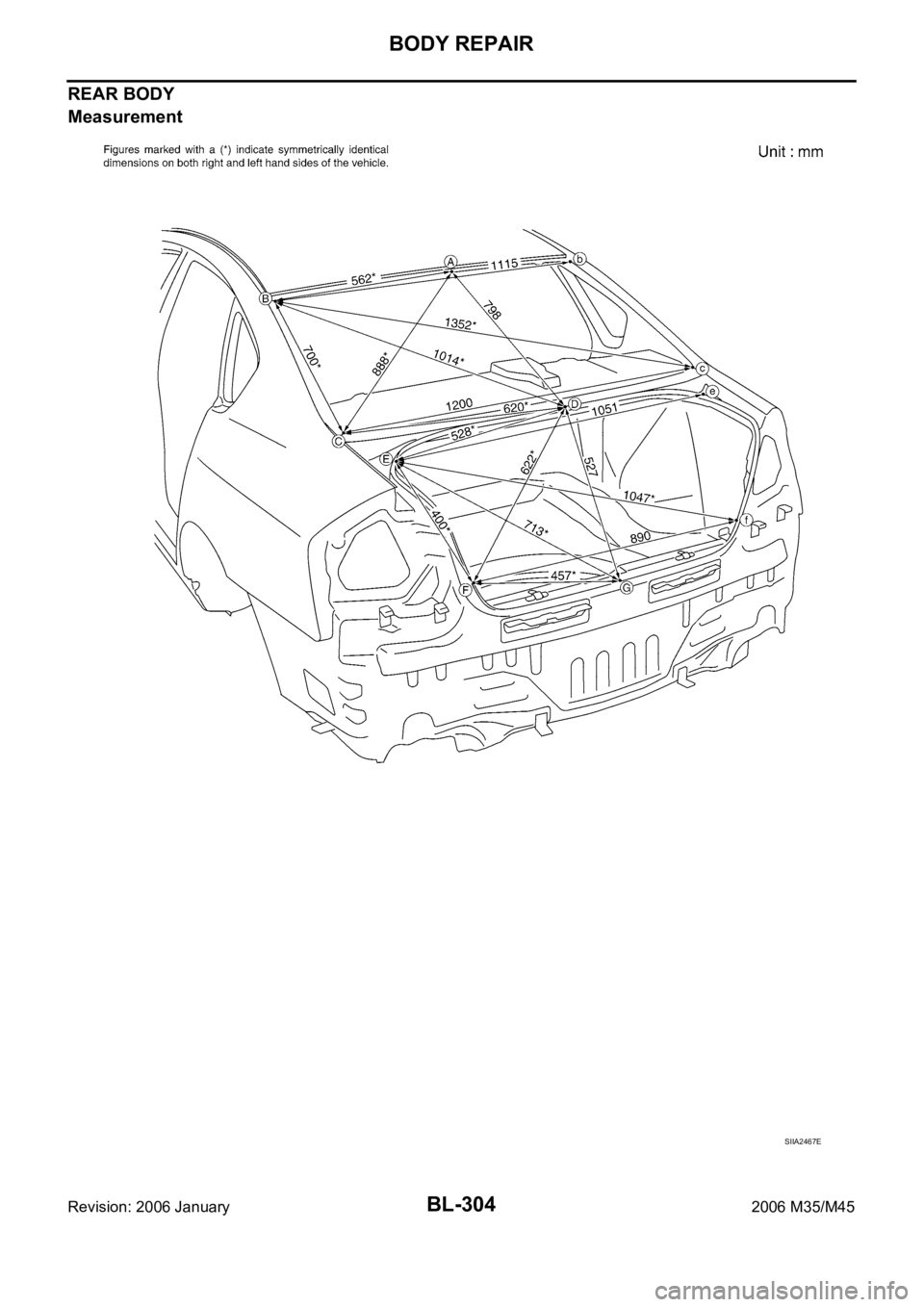 INFINITI M35 2006  Factory Service Manual BL-304
BODY REPAIR
Revision: 2006 January2006 M35/M45
REAR BODY
Measurement
SIIA2467E 