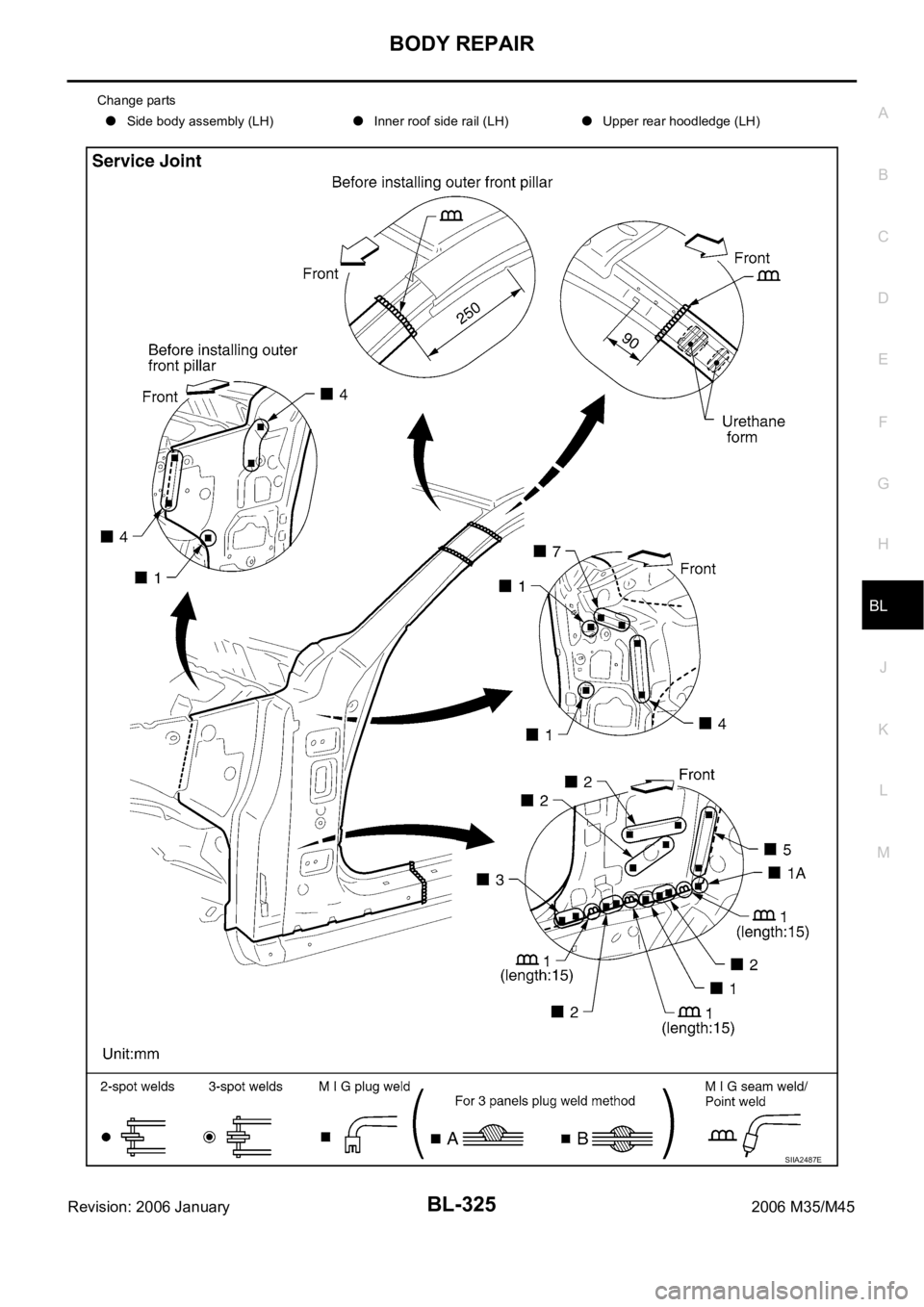 INFINITI M35 2006  Factory Service Manual BODY REPAIR
BL-325
C
D
E
F
G
H
J
K
L
MA
B
BL
Revision: 2006 January2006 M35/M45
Change parts
Side body assembly (LH)Inner roof side rail (LH)Upper rear hoodledge (LH)
SIIA2487E 