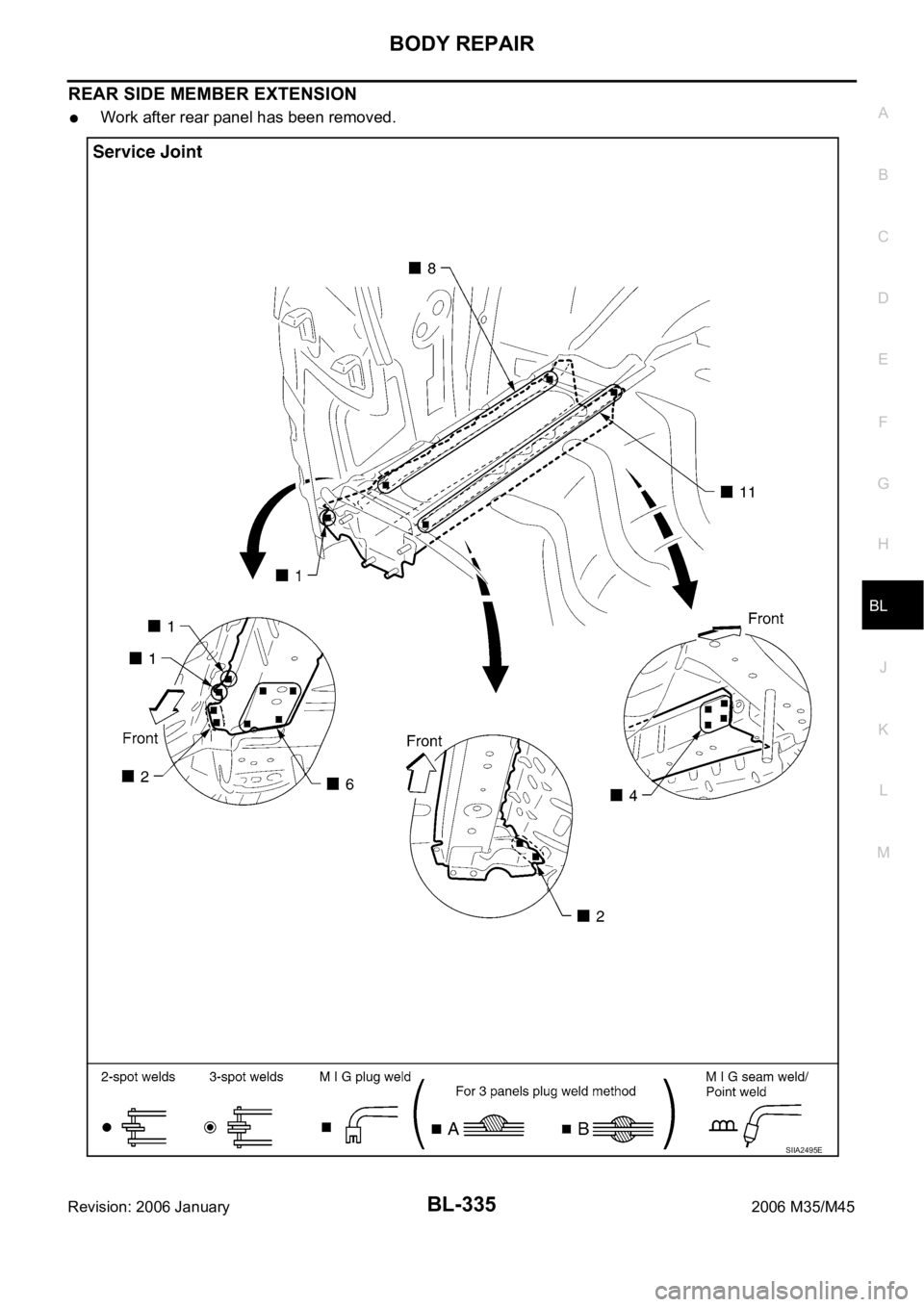 INFINITI M35 2006  Factory Service Manual BODY REPAIR
BL-335
C
D
E
F
G
H
J
K
L
MA
B
BL
Revision: 2006 January2006 M35/M45
REAR SIDE MEMBER EXTENSION
Work after rear panel has been removed.
SIIA2495E 