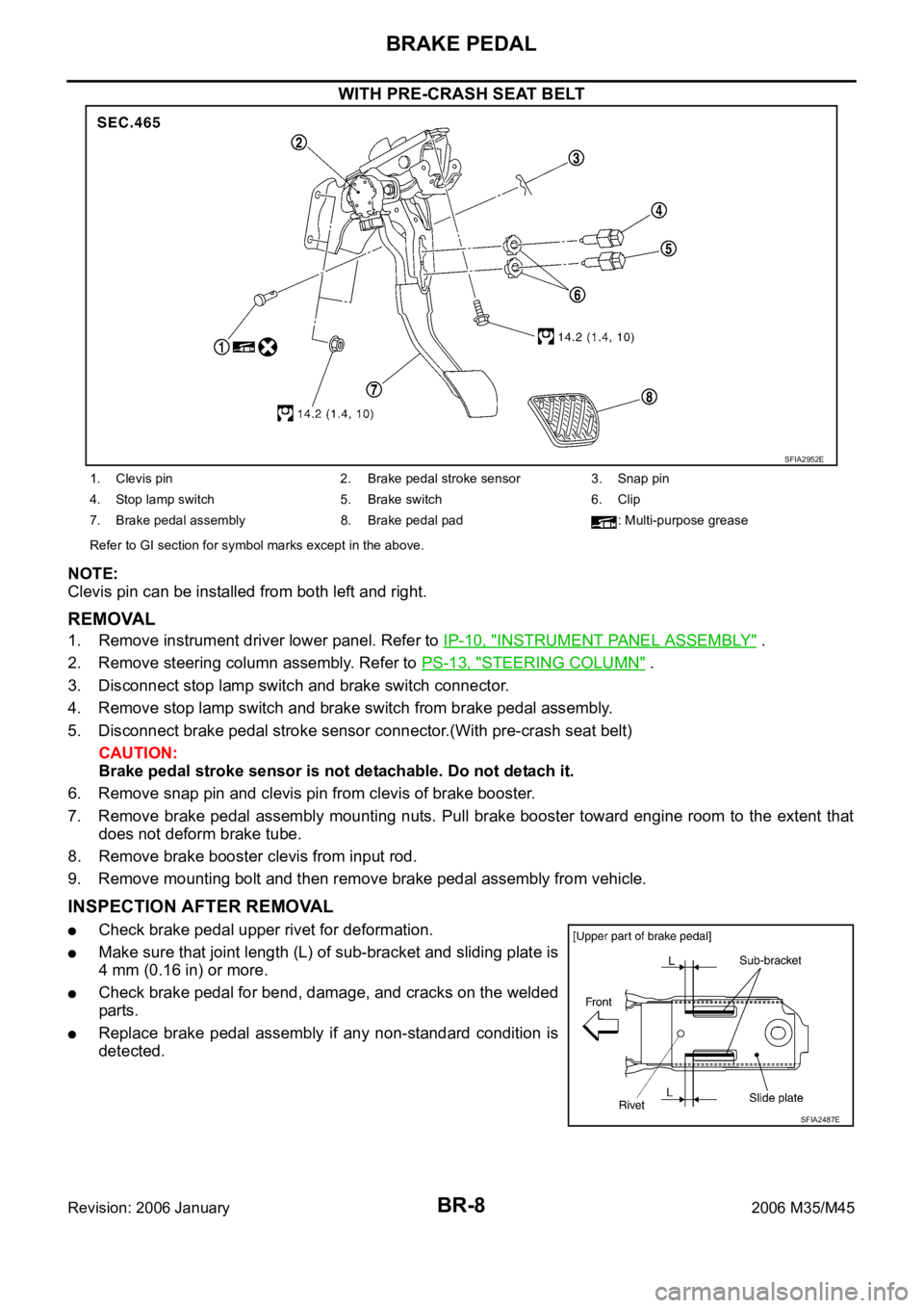 INFINITI M35 2006 Factory Service Manual BR-8
BRAKE PEDAL
Revision: 2006 January2006 M35/M45
WITH PRE-CRASH SEAT BELT
NOTE:
Clevis pin can be installed from both left and right.
REMOVAL
1. Remove instrument driver lower panel. Refer to IP-10 INFINITI M35 2006 Factory Service Manual BR-8
BRAKE PEDAL
Revision: 2006 January2006 M35/M45
WITH PRE-CRASH SEAT BELT
NOTE:
Clevis pin can be installed from both left and right.
REMOVAL
1. Remove instrument driver lower panel. Refer to IP-10