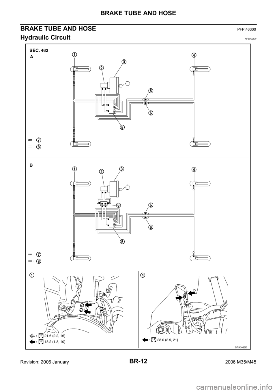 INFINITI M35 2006  Factory Service Manual BR-12
BRAKE TUBE AND HOSE
Revision: 2006 January2006 M35/M45
BRAKE TUBE AND HOSEPFP:46300
Hydraulic CircuitNFS000OY
SFIA3096E 