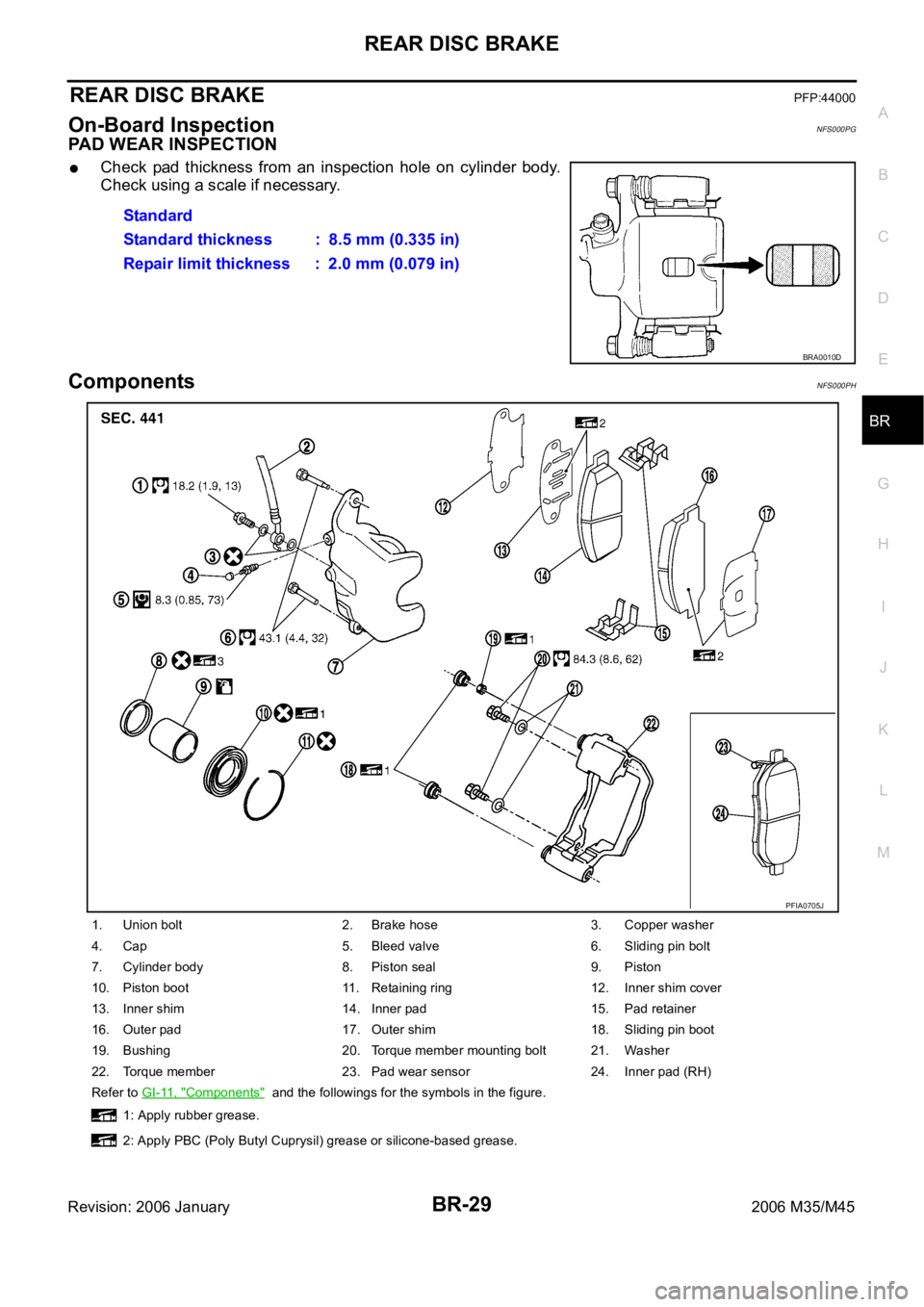 INFINITI M35 2006  Factory Service Manual REAR DISC BRAKE
BR-29
C
D
E
G
H
I
J
K
L
MA
B
BR
Revision: 2006 January2006 M35/M45
REAR DISC BRAKEPFP:44000
On-Board InspectionNFS000PG
PAD WEAR INSPECTION
Check  pad  thickness  from  an  inspection 