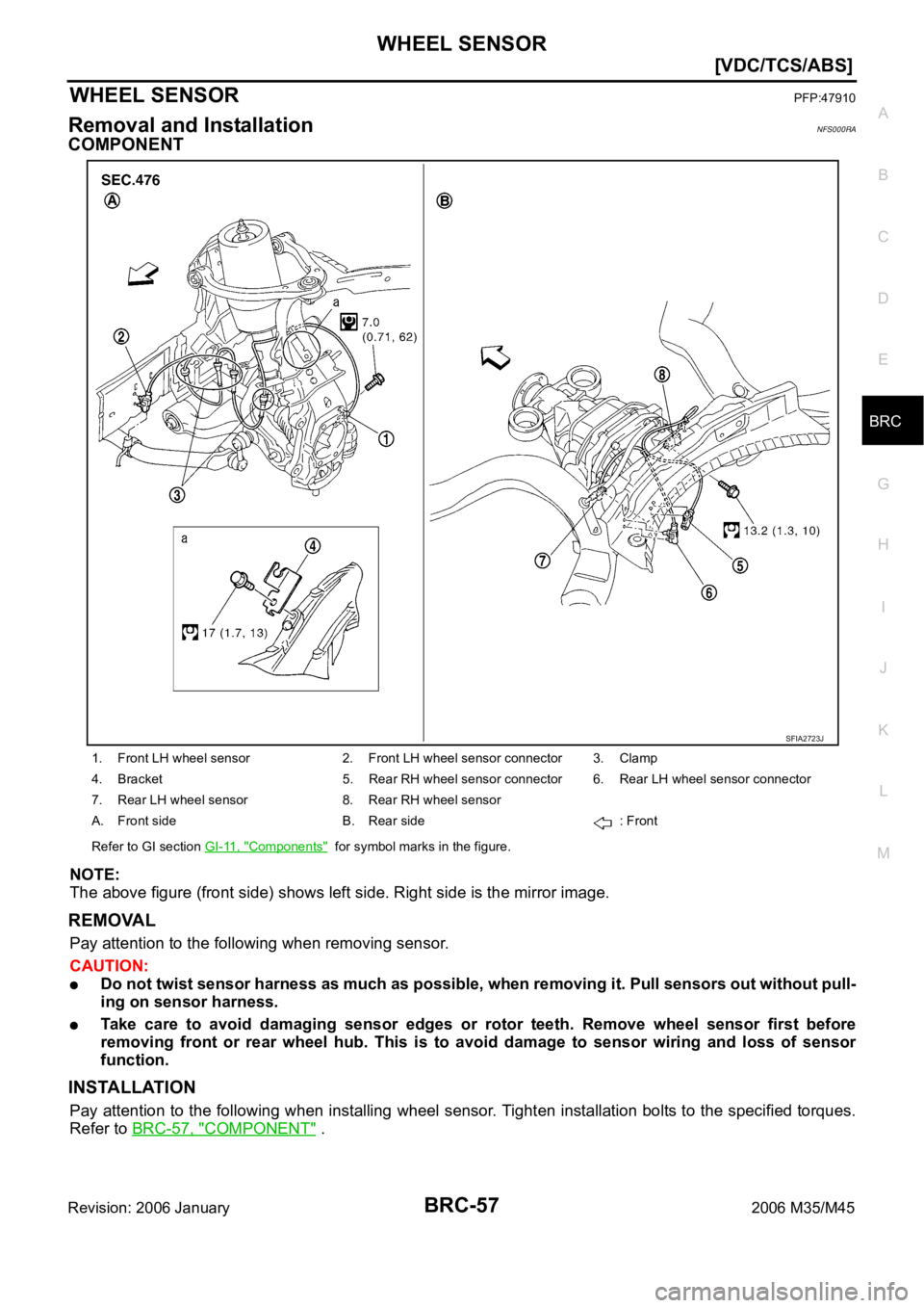 INFINITI M35 2006  Factory Service Manual WHEEL SENSOR
BRC-57
[VDC/TCS/ABS]
C
D
E
G
H
I
J
K
L
MA
B
BRC
Revision: 2006 January2006 M35/M45
WHEEL SENSORPFP:47910
Removal and InstallationNFS000RA
COMPONENT
NOTE:
The above figure (front side) sho