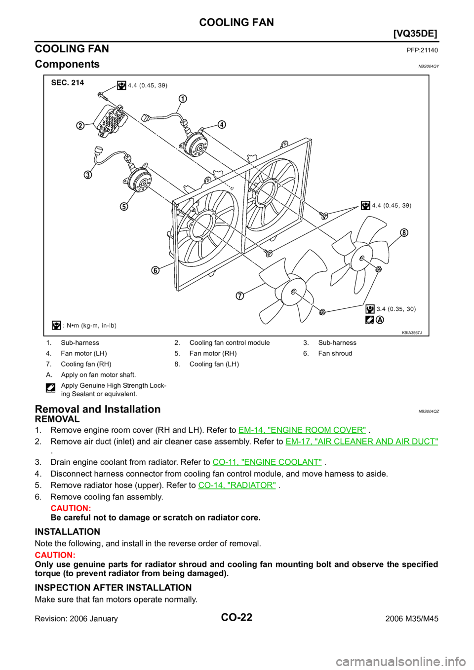 INFINITI M35 2006  Factory Service Manual CO-22
[VQ35DE]
COOLING FAN
Revision: 2006 January2006 M35/M45
COOLING FANPFP:21140
ComponentsNBS004QY
Removal and Installation NBS004QZ
REMOVAL
1. Remove engine room cover (RH and LH). Refer to EM-14,