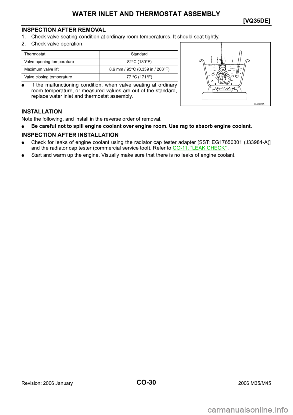 INFINITI M35 2006  Factory Service Manual CO-30
[VQ35DE]
WATER INLET AND THERMOSTAT ASSEMBLY
Revision: 2006 January2006 M35/M45
INSPECTION AFTER REMOVAL
1. Check valve seating condition at ordinary room temperatures. It should seat tightly.
2