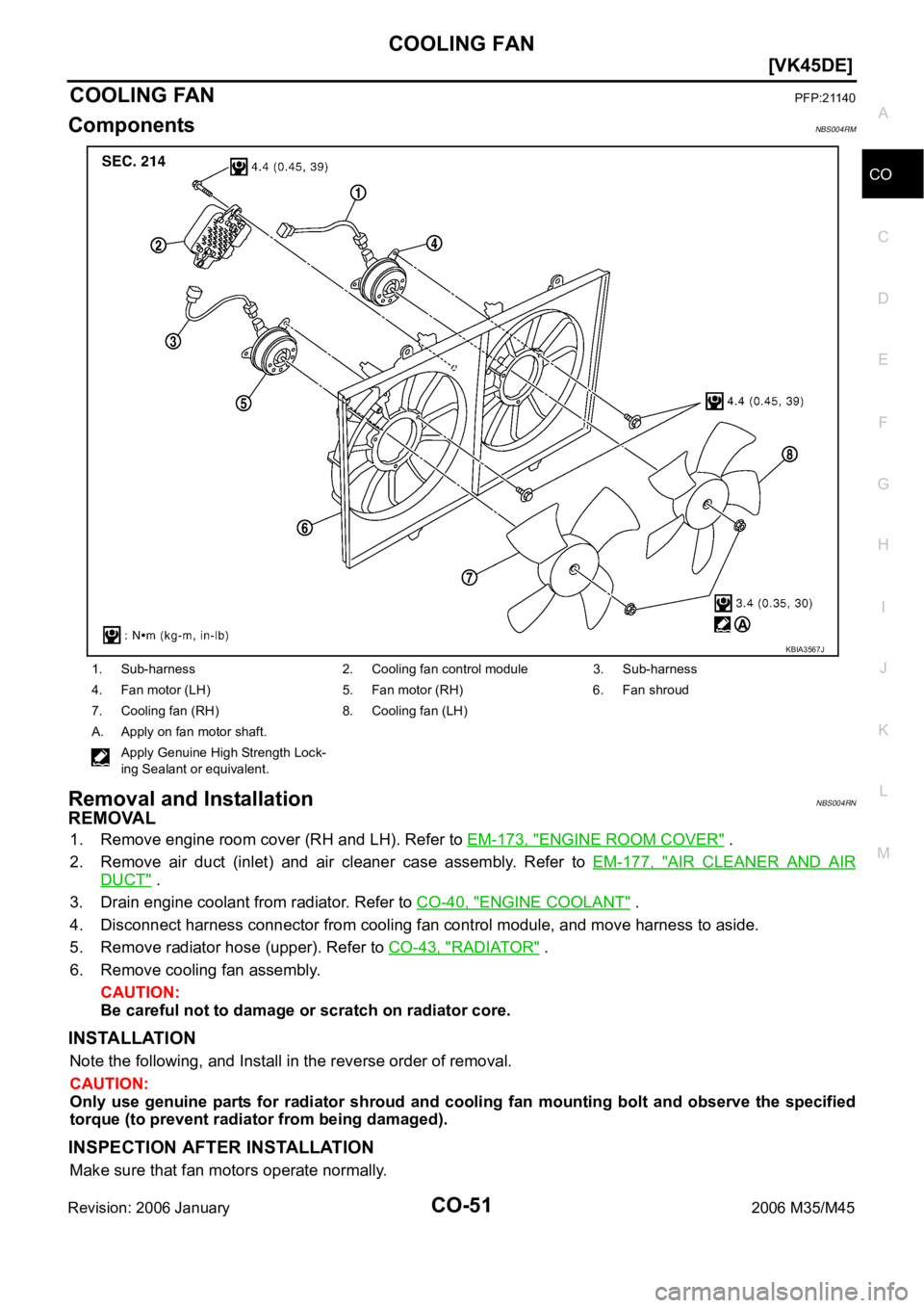 INFINITI M35 2006  Factory Service Manual COOLING FAN
CO-51
[VK45DE]
C
D
E
F
G
H
I
J
K
L
MA
CO
Revision: 2006 January2006 M35/M45
COOLING FANPFP:21140
ComponentsNBS004RM
Removal and InstallationNBS004RN
REMOVAL
1. Remove engine room cover (RH