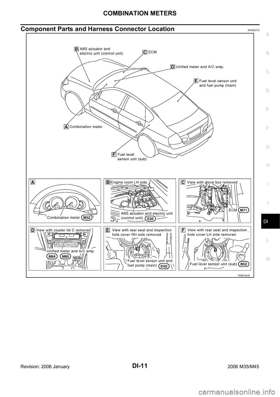 INFINITI M35 2006  Factory Service Manual COMBINATION METERS
DI-11
C
D
E
F
G
H
I
J
L
MA
B
DI
Revision: 2006 January2006 M35/M45
Component Parts and Harness Connector LocationNKS003TX
PKIB7634E 