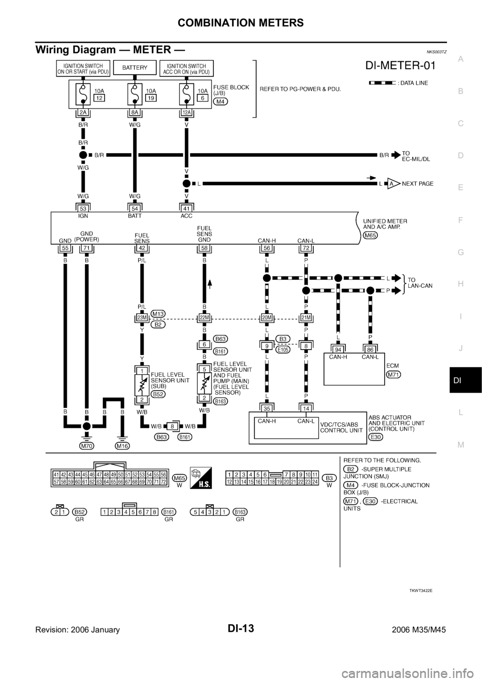 INFINITI M35 2006  Factory Service Manual COMBINATION METERS
DI-13
C
D
E
F
G
H
I
J
L
MA
B
DI
Revision: 2006 January2006 M35/M45
Wiring Diagram — METER —NKS003TZ
TKWT3422E 