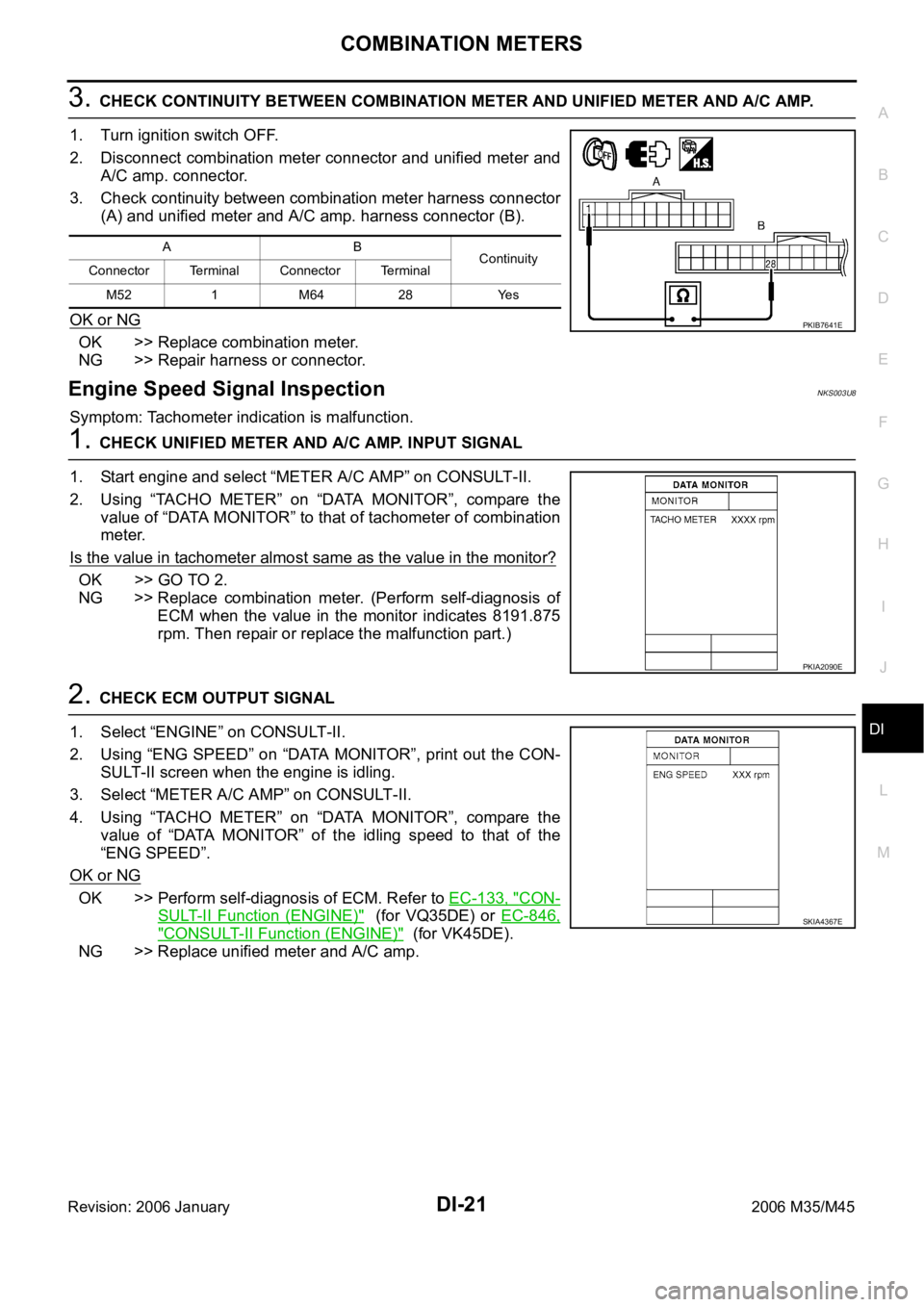 INFINITI M35 2006  Factory Service Manual COMBINATION METERS
DI-21
C
D
E
F
G
H
I
J
L
MA
B
DI
Revision: 2006 January2006 M35/M45
3. CHECK CONTINUITY BETWEEN COMBINATION METER AND UNIFIED METER AND A/C AMP. 
1. Turn ignition switch OFF.
2. Disc