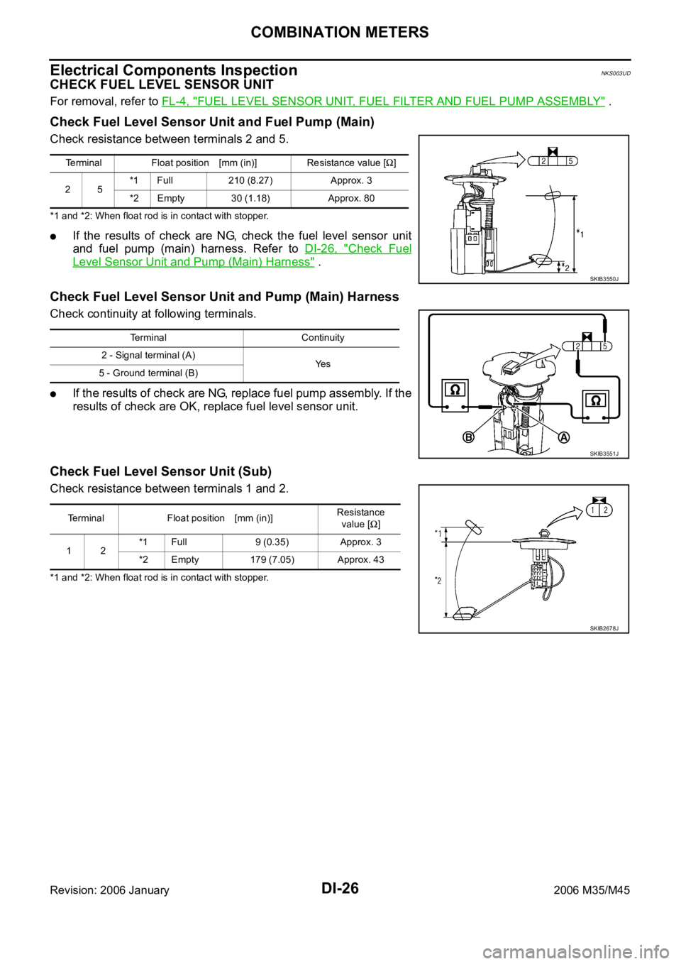 INFINITI M35 2006 Factory Service Manual DI-26
COMBINATION METERS
Revision: 2006 January2006 M35/M45
Electrical Components InspectionNKS003UD
CHECK FUEL LEVEL SENSOR UNIT
For removal, refer to FL-4, "FUEL LEVEL SENSOR UNIT, FUEL FILTER A INFINITI M35 2006 Factory Service Manual DI-26
COMBINATION METERS
Revision: 2006 January2006 M35/M45
Electrical Components InspectionNKS003UD
CHECK FUEL LEVEL SENSOR UNIT
For removal, refer to FL-4, "FUEL LEVEL SENSOR UNIT, FUEL FILTER A