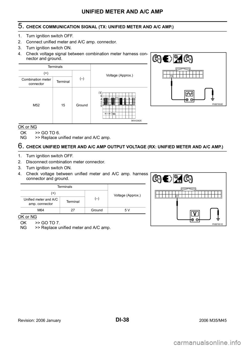 INFINITI M35 2006  Factory Service Manual DI-38
UNIFIED METER AND A/C AMP
Revision: 2006 January2006 M35/M45
5. CHECK COMMUNICATION SIGNAL (TX: UNIFIED METER AND A/C AMP.)
1. Turn ignition switch OFF.
2. Connect unified meter and A/C amp. con