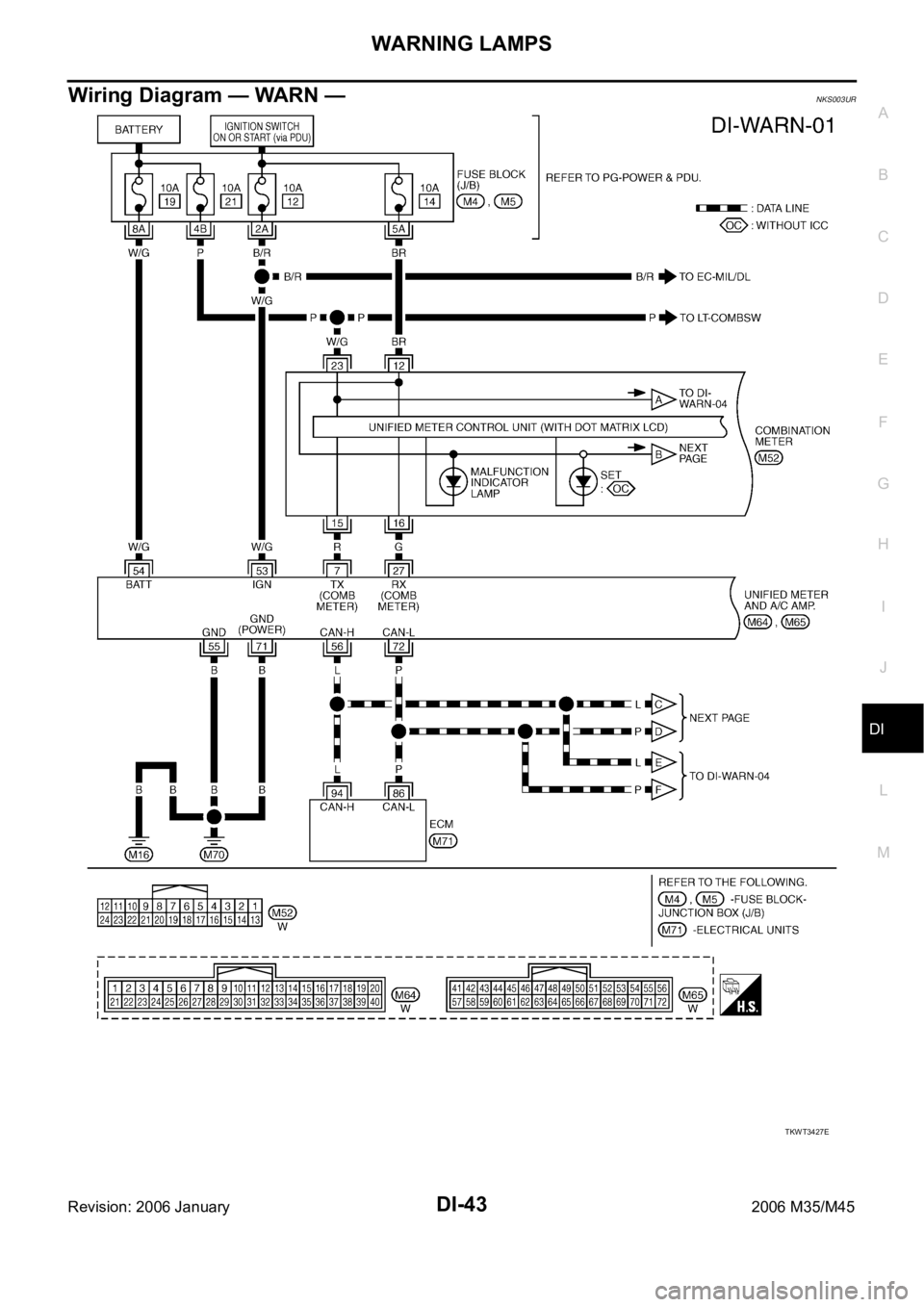 INFINITI M35 2006  Factory Service Manual WARNING LAMPS
DI-43
C
D
E
F
G
H
I
J
L
MA
B
DI
Revision: 2006 January2006 M35/M45
Wiring Diagram — WARN —NKS003UR
TKWT3427E 