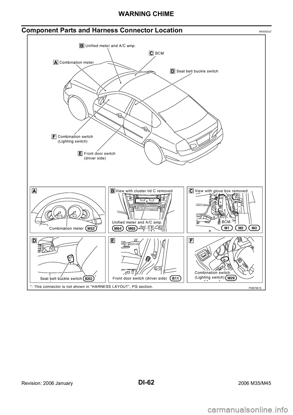 INFINITI M35 2006  Factory Service Manual DI-62
WARNING CHIME
Revision: 2006 January2006 M35/M45
Component Parts and Harness Connector LocationNKS003UZ
PKIB7661E 