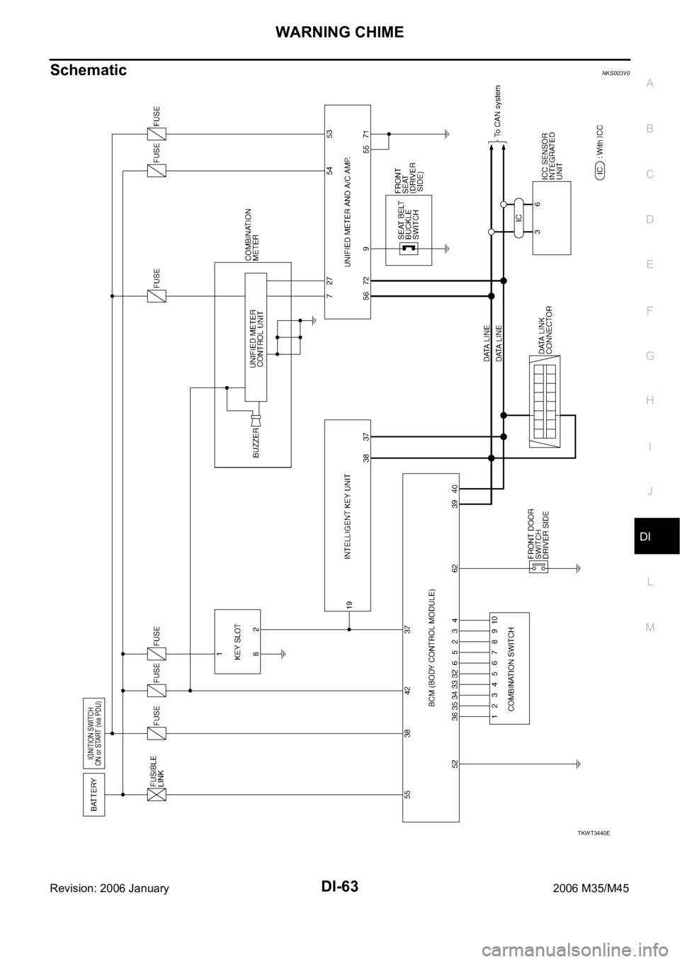 INFINITI M35 2006  Factory Service Manual WARNING CHIME
DI-63
C
D
E
F
G
H
I
J
L
MA
B
DI
Revision: 2006 January2006 M35/M45
SchematicNKS003V0
TKWT3440E 