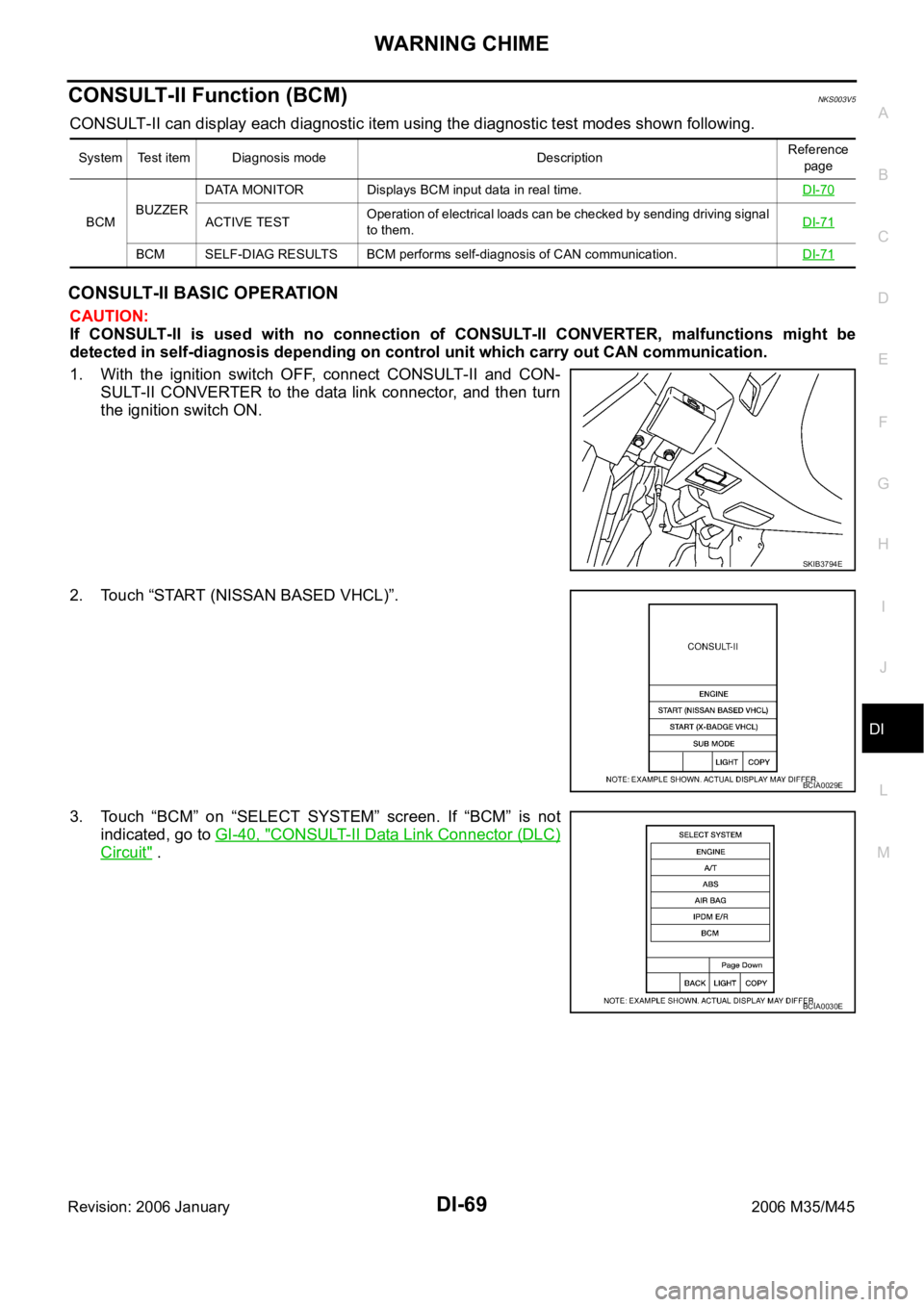 INFINITI M35 2006  Factory Service Manual WARNING CHIME
DI-69
C
D
E
F
G
H
I
J
L
MA
B
DI
Revision: 2006 January2006 M35/M45
CONSULT-II Function (BCM)NKS003V5
CONSULT-II can display each diagnostic item using the diagnostic test modes shown fol