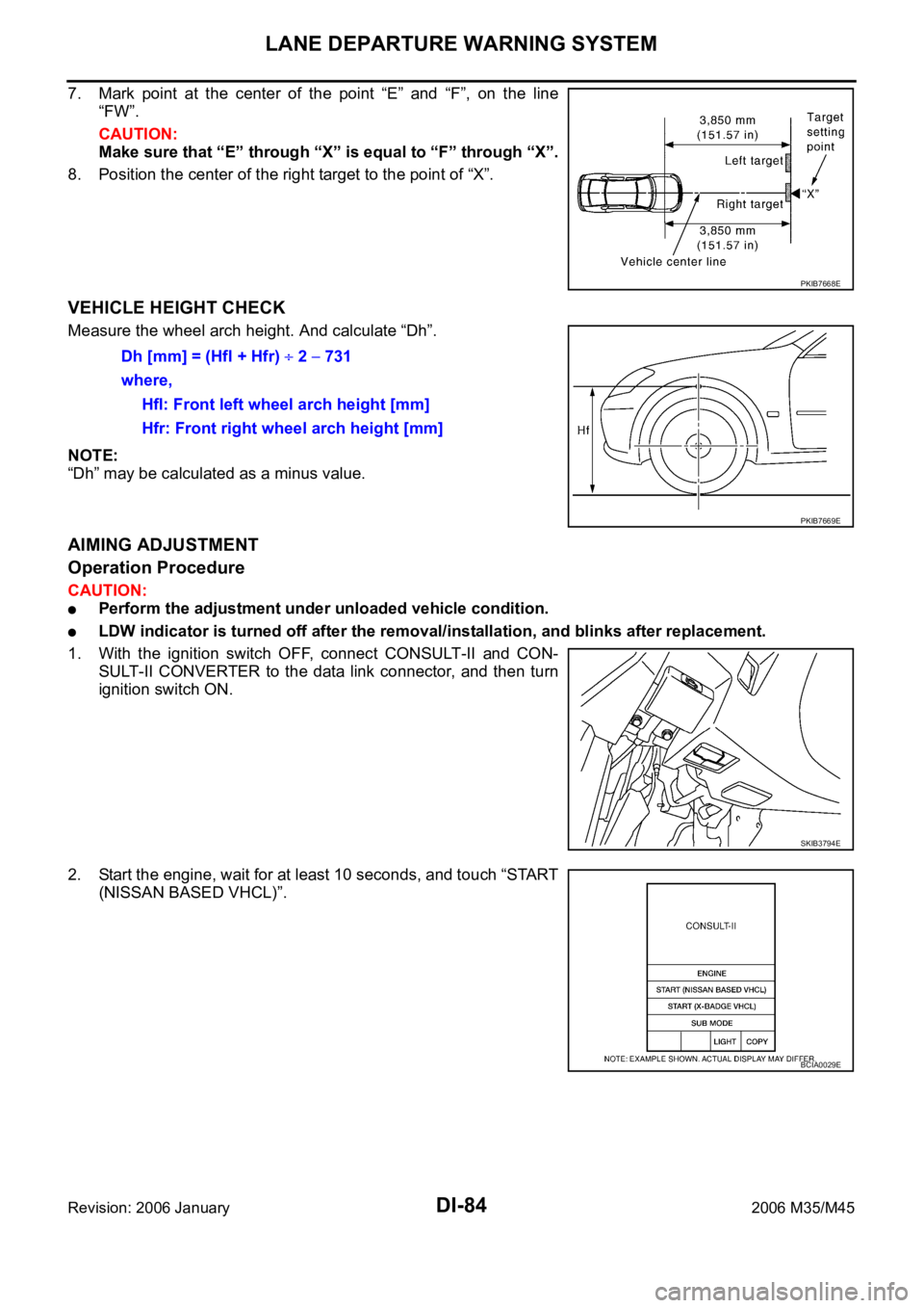 INFINITI M35 2006  Factory Service Manual DI-84
LANE DEPARTURE WARNING SYSTEM
Revision: 2006 January2006 M35/M45
7. Mark  point  at  the  center  of  the  point  “E”  and  “F”,  on  the  line
“FW”.
CAUTION:
Make sure that “E” 