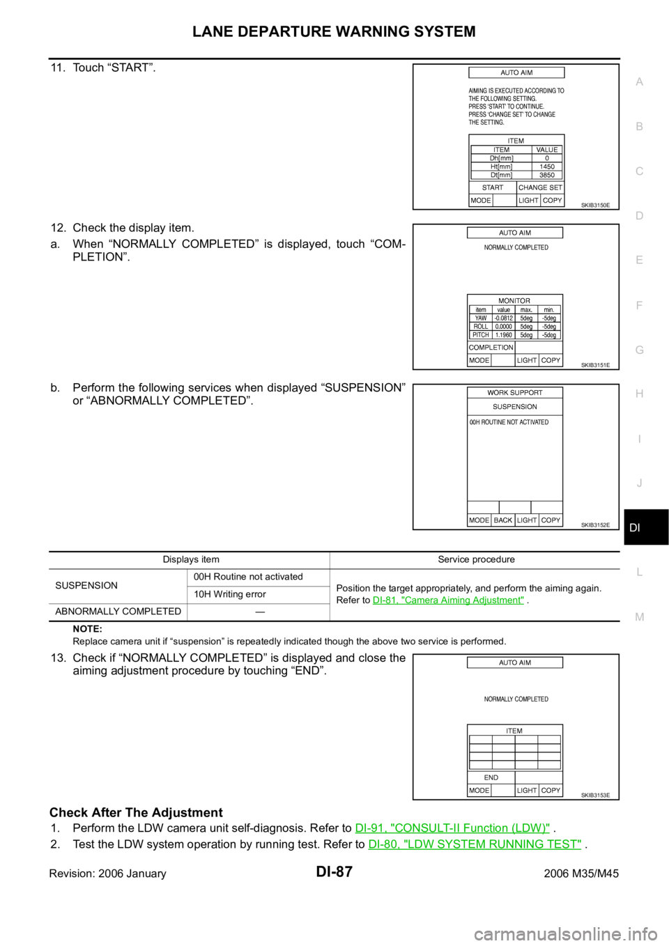 INFINITI M35 2006  Factory Service Manual LANE DEPARTURE WARNING SYSTEM
DI-87
C
D
E
F
G
H
I
J
L
MA
B
DI
Revision: 2006 January2006 M35/M45
11. Touch “START”.
12. Check the display item.
a. When  “NORMALLY  COMPLETED”  is  displayed,  