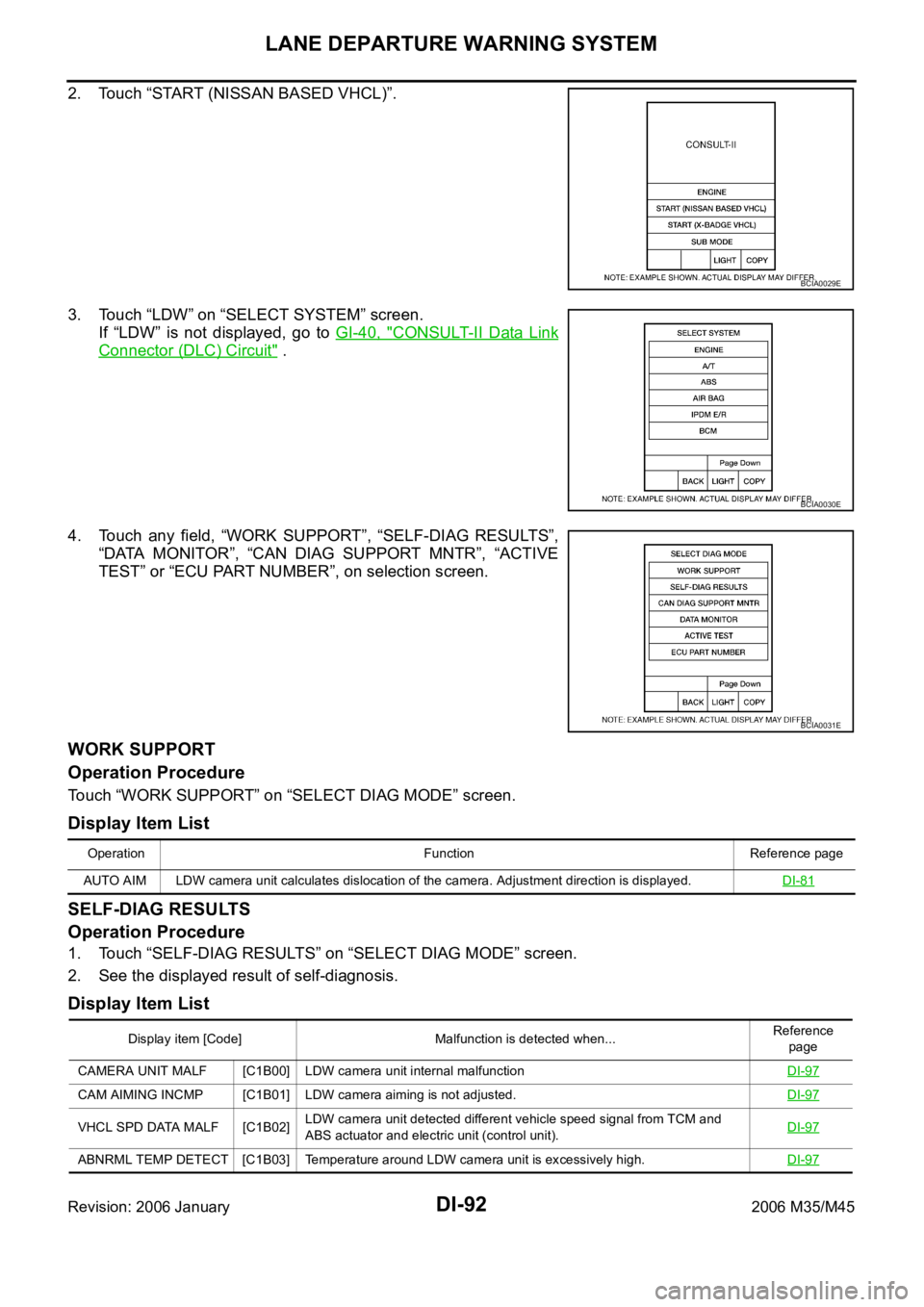INFINITI M35 2006 Factory Service Manual DI-92
LANE DEPARTURE WARNING SYSTEM
Revision: 2006 January2006 M35/M45
2. Touch “START (NISSAN BASED VHCL)”.
3. Touch “LDW” on “SELECT SYSTEM” screen.
If “LDW” is not displayed, g INFINITI M35 2006 Factory Service Manual DI-92
LANE DEPARTURE WARNING SYSTEM
Revision: 2006 January2006 M35/M45
2. Touch “START (NISSAN BASED VHCL)”.
3. Touch “LDW” on “SELECT SYSTEM” screen.
If “LDW” is not displayed, g
