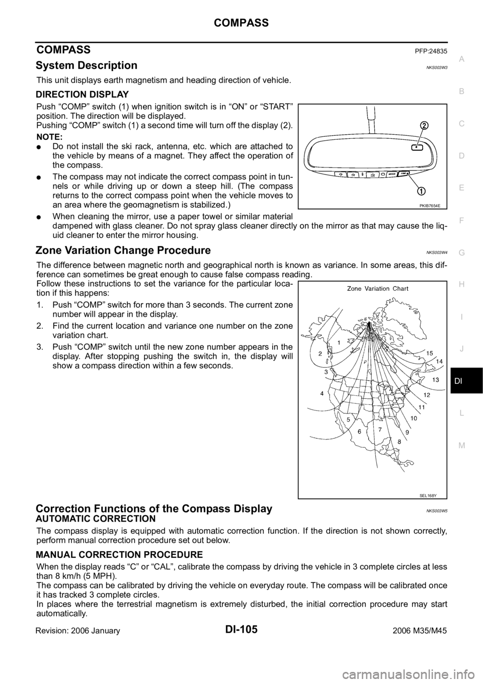 INFINITI M35 2006  Factory Service Manual COMPASS
DI-105
C
D
E
F
G
H
I
J
L
MA
B
DI
Revision: 2006 January2006 M35/M45
COMPASSPFP:24835
System DescriptionNKS003W3
This unit displays earth magnetism and heading direction of vehicle.
DIRECTION D