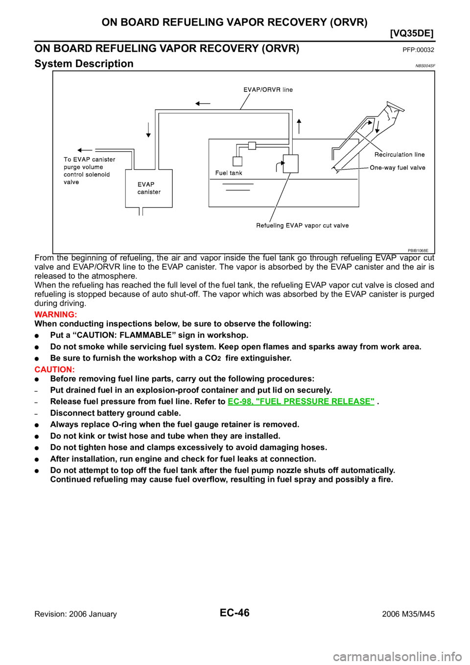 INFINITI M35 2006  Factory Service Manual EC-46
[VQ35DE]
ON BOARD REFUELING VAPOR RECOVERY (ORVR)
Revision: 2006 January2006 M35/M45
ON BOARD REFUELING VAPOR RECOVERY (ORVR)PFP:00032
System DescriptionNBS004SF
From  the  beginning  of  refuel