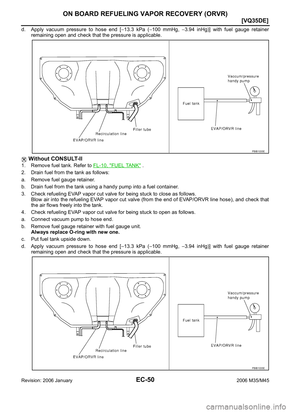 INFINITI M35 2006  Factory Service Manual EC-50
[VQ35DE]
ON BOARD REFUELING VAPOR RECOVERY (ORVR)
Revision: 2006 January2006 M35/M45
d. Apply  vacuum  pressure  to  hose  end  [13.3  kPa  (100  mmHg, 3.94  inHg)]  with  fuel  gauge  retainer
