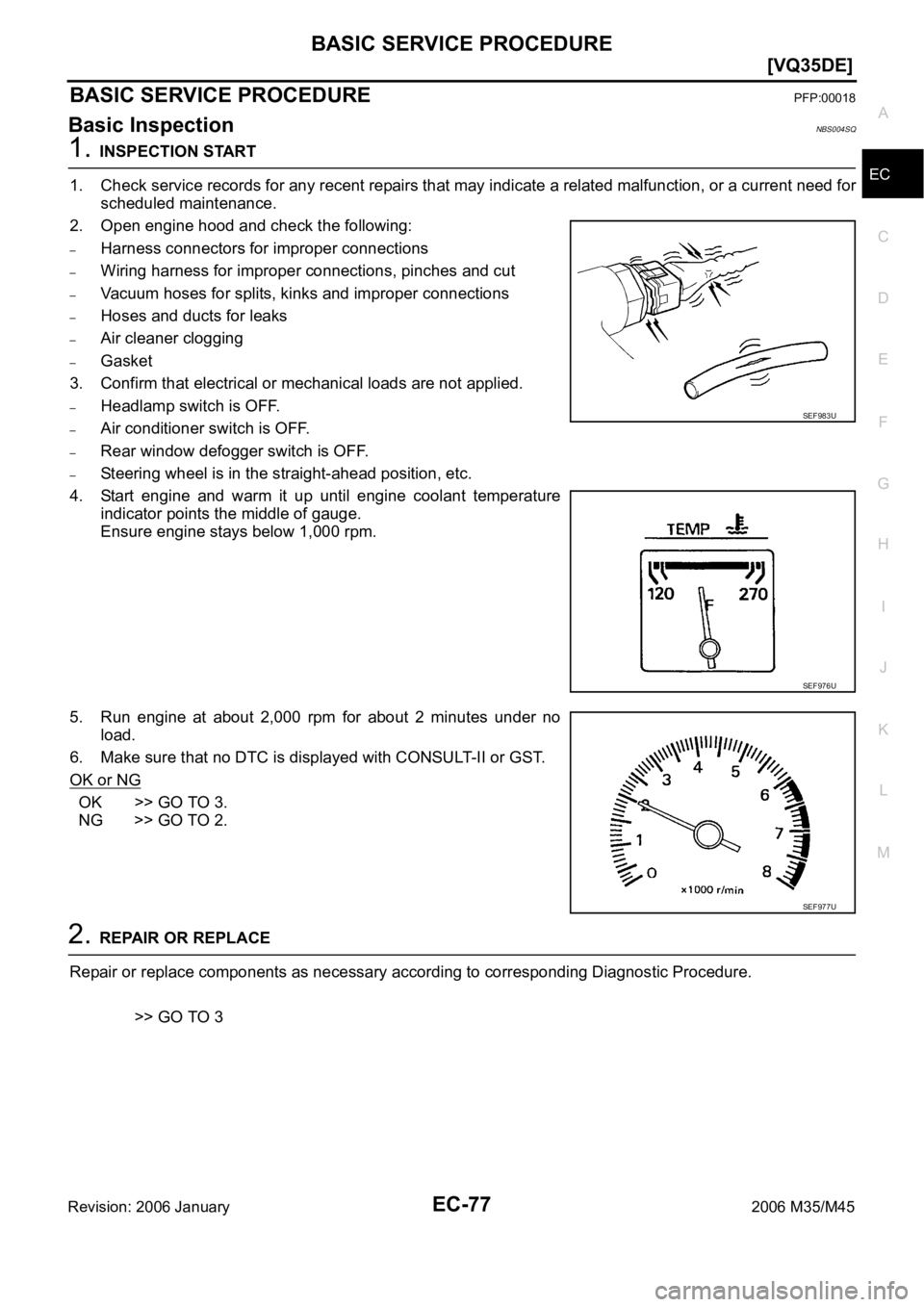 INFINITI M35 2006  Factory Service Manual BASIC SERVICE PROCEDURE
EC-77
[VQ35DE]
C
D
E
F
G
H
I
J
K
L
MA
EC
Revision: 2006 January2006 M35/M45
BASIC SERVICE PROCEDUREPFP:00018
Basic InspectionNBS004SQ
1. INSPECTION START
1. Check service recor
