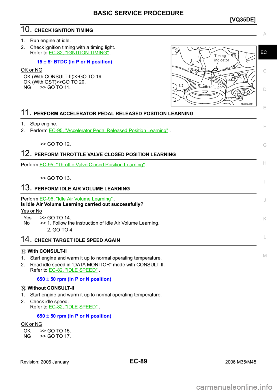 INFINITI M35 2006  Factory Service Manual BASIC SERVICE PROCEDURE
EC-89
[VQ35DE]
C
D
E
F
G
H
I
J
K
L
MA
EC
Revision: 2006 January2006 M35/M45
10. CHECK IGNITION TIMING
1. Run engine at idle.
2. Check ignition timing with a timing light.
Refer