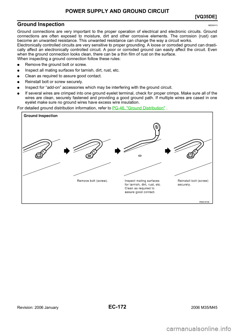 INFINITI M35 2006  Factory Service Manual EC-172
[VQ35DE]
POWER SUPPLY AND GROUND CIRCUIT
Revision: 2006 January2006 M35/M45
Ground Inspection NBS004TJ
Ground  connections  are  very  important  to  the  proper  operation  of  electrical  and