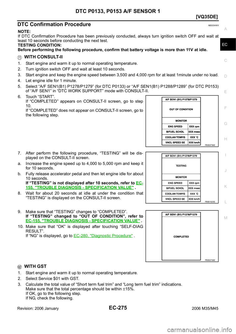 INFINITI M35 2006  Factory Service Manual DTC P0133, P0153 A/F SENSOR 1
EC-275
[VQ35DE]
C
D
E
F
G
H
I
J
K
L
MA
EC
Revision: 2006 January2006 M35/M45
DTC Confirmation ProcedureNBS004WX
NOTE:
If  DTC  Confirmation  Procedure  has  been  previou