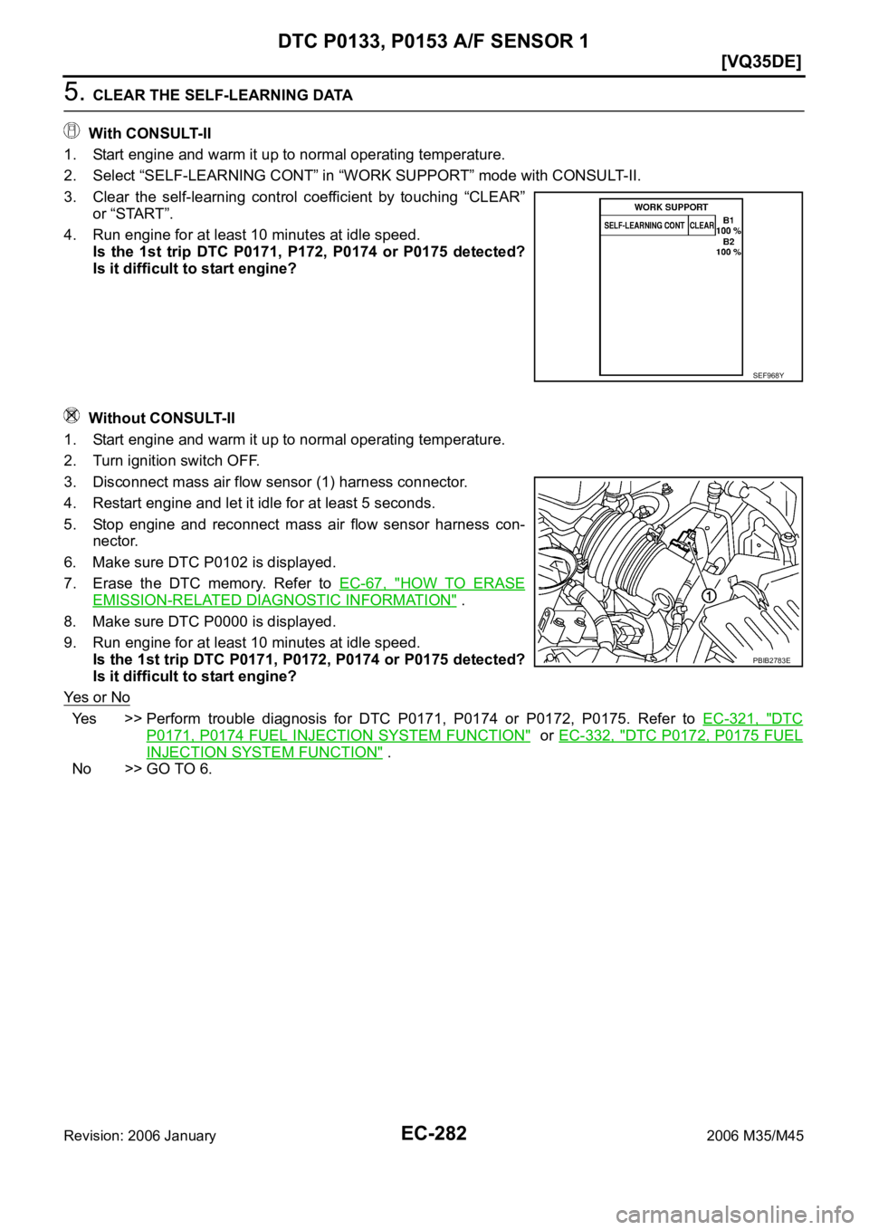 INFINITI M35 2006  Factory Service Manual EC-282
[VQ35DE]
DTC P0133, P0153 A/F SENSOR 1
Revision: 2006 January2006 M35/M45
5. CLEAR THE SELF-LEARNING DATA
 With CONSULT-II
1. Start engine and warm it up to normal operating temperature.
2. Sel