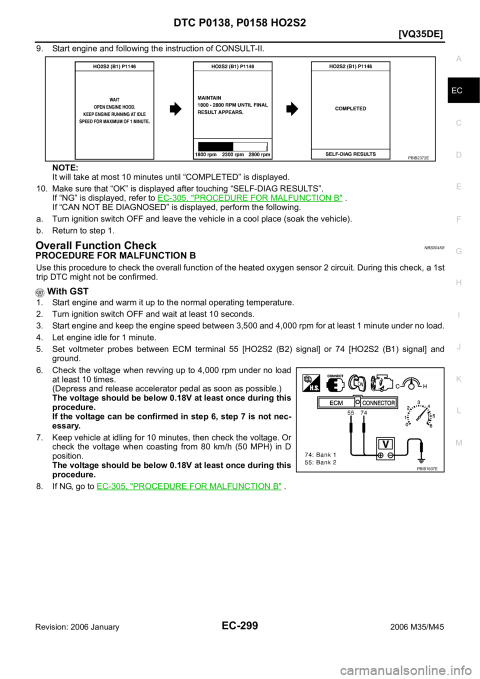 INFINITI M35 2006  Factory Service Manual DTC P0138, P0158 HO2S2
EC-299
[VQ35DE]
C
D
E
F
G
H
I
J
K
L
MA
EC
Revision: 2006 January2006 M35/M45
9. Start engine and following the instruction of CONSULT-II.
NOTE:
It will take at most 10 minutes u