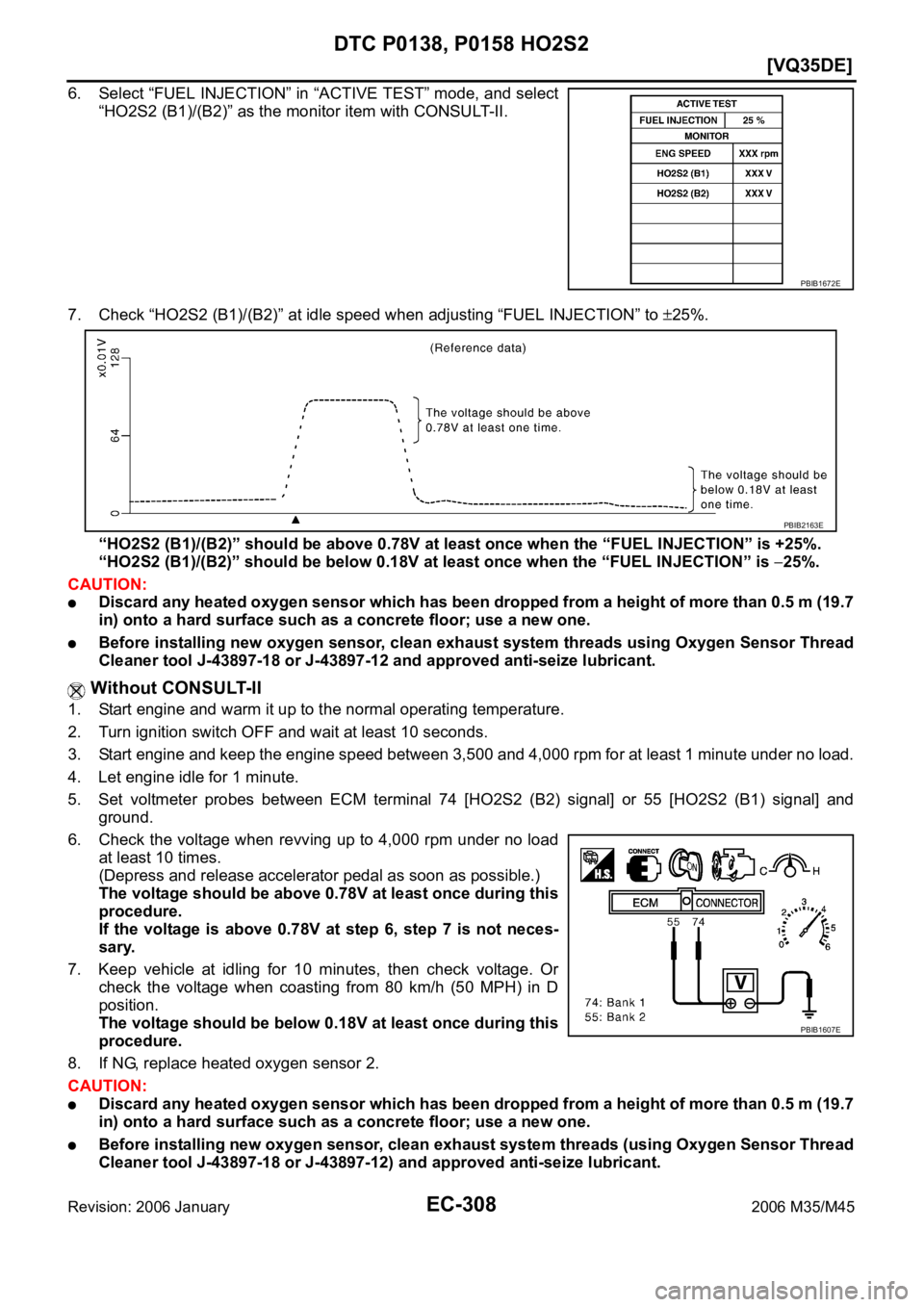 INFINITI M35 2006  Factory Service Manual EC-308
[VQ35DE]
DTC P0138, P0158 HO2S2
Revision: 2006 January2006 M35/M45
6. Select “FUEL INJECTION” in “ACTIVE TEST” mode, and select
“HO2S2 (B1)/(B2)” as the monitor item with CONSULT-II