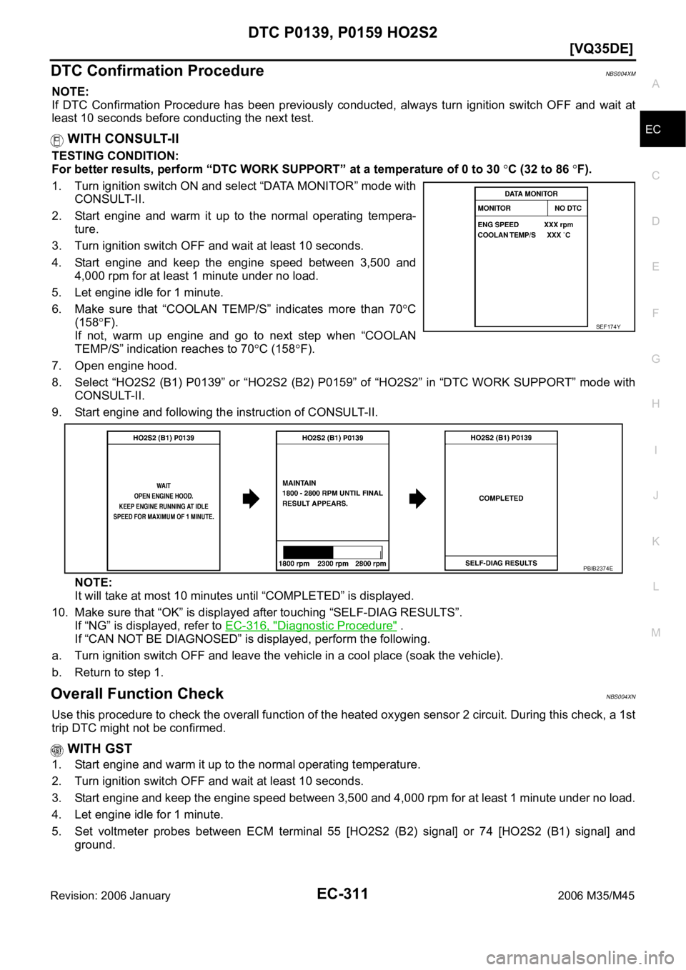 INFINITI M35 2006  Factory Service Manual DTC P0139, P0159 HO2S2
EC-311
[VQ35DE]
C
D
E
F
G
H
I
J
K
L
MA
EC
Revision: 2006 January2006 M35/M45
DTC Confirmation ProcedureNBS004XM
NOTE:
If  DTC  Confirmation  Procedure  has  been  previously  co